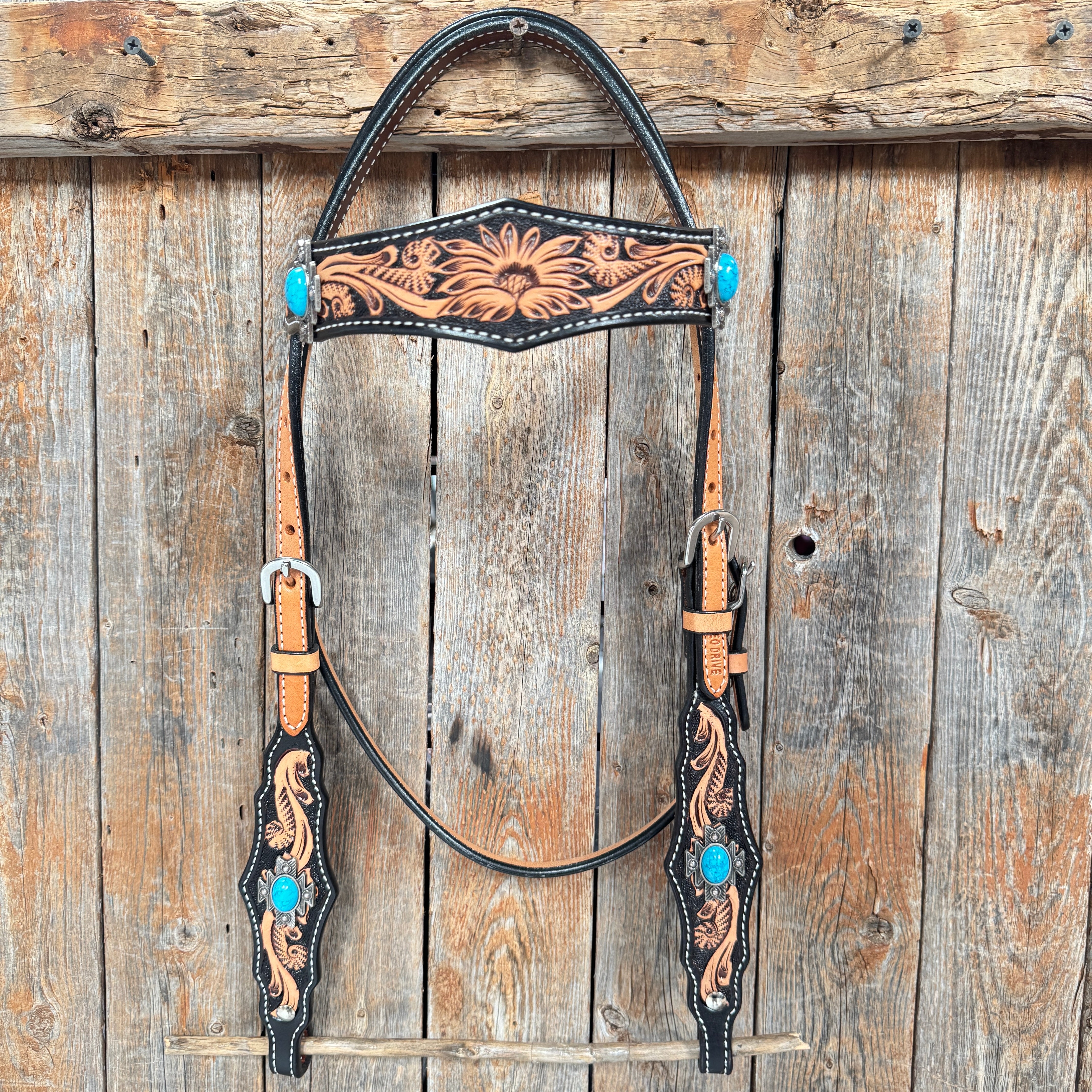 Two Tone Floral Triangle Antique Silver Turquoise Browband/One Ear - Triangle/Gladiator Breastcollar Tack Set #OEBC542