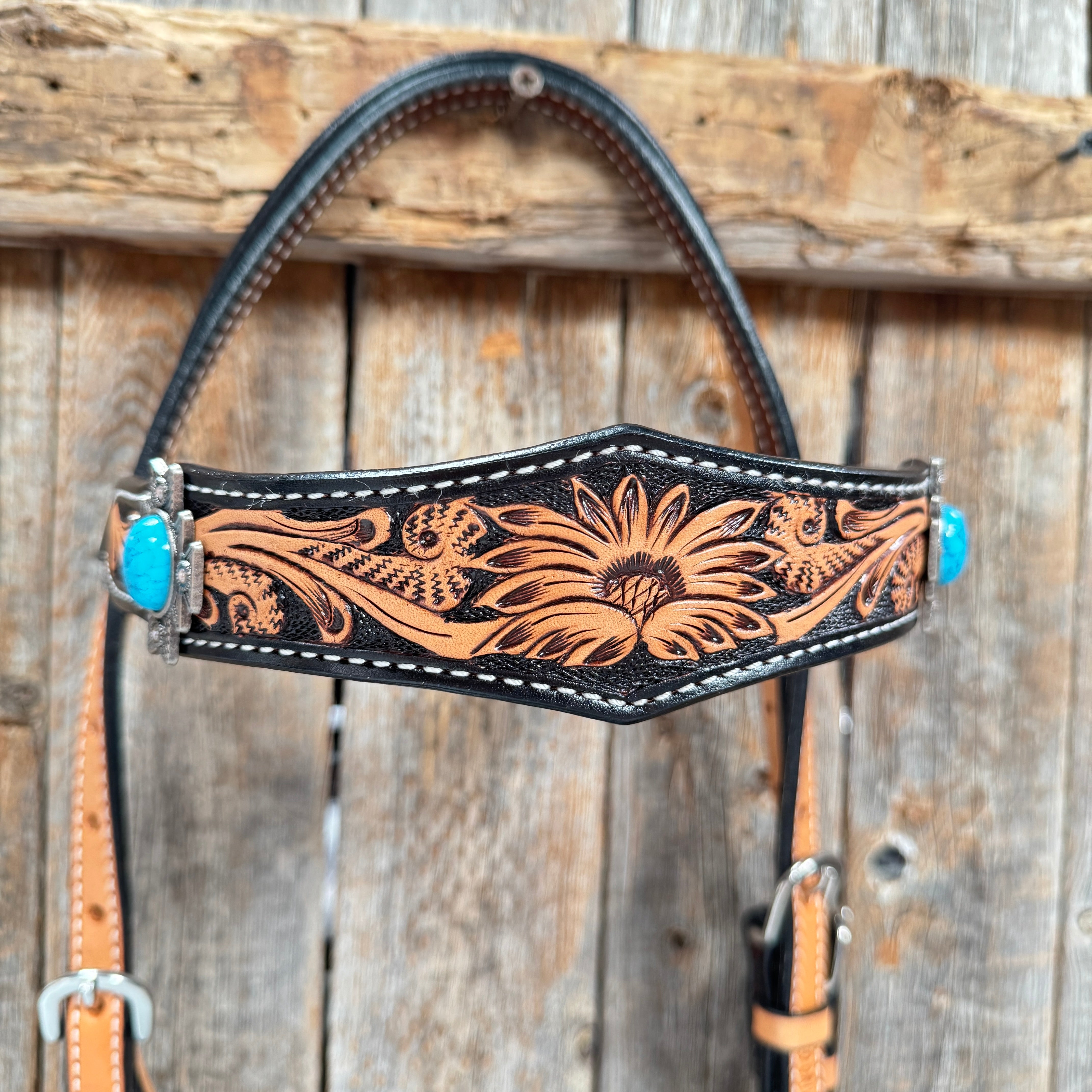 Two Tone Floral Triangle Antique Silver Turquoise Browband/One Ear - Triangle/Gladiator Breastcollar Tack Set #OEBC542