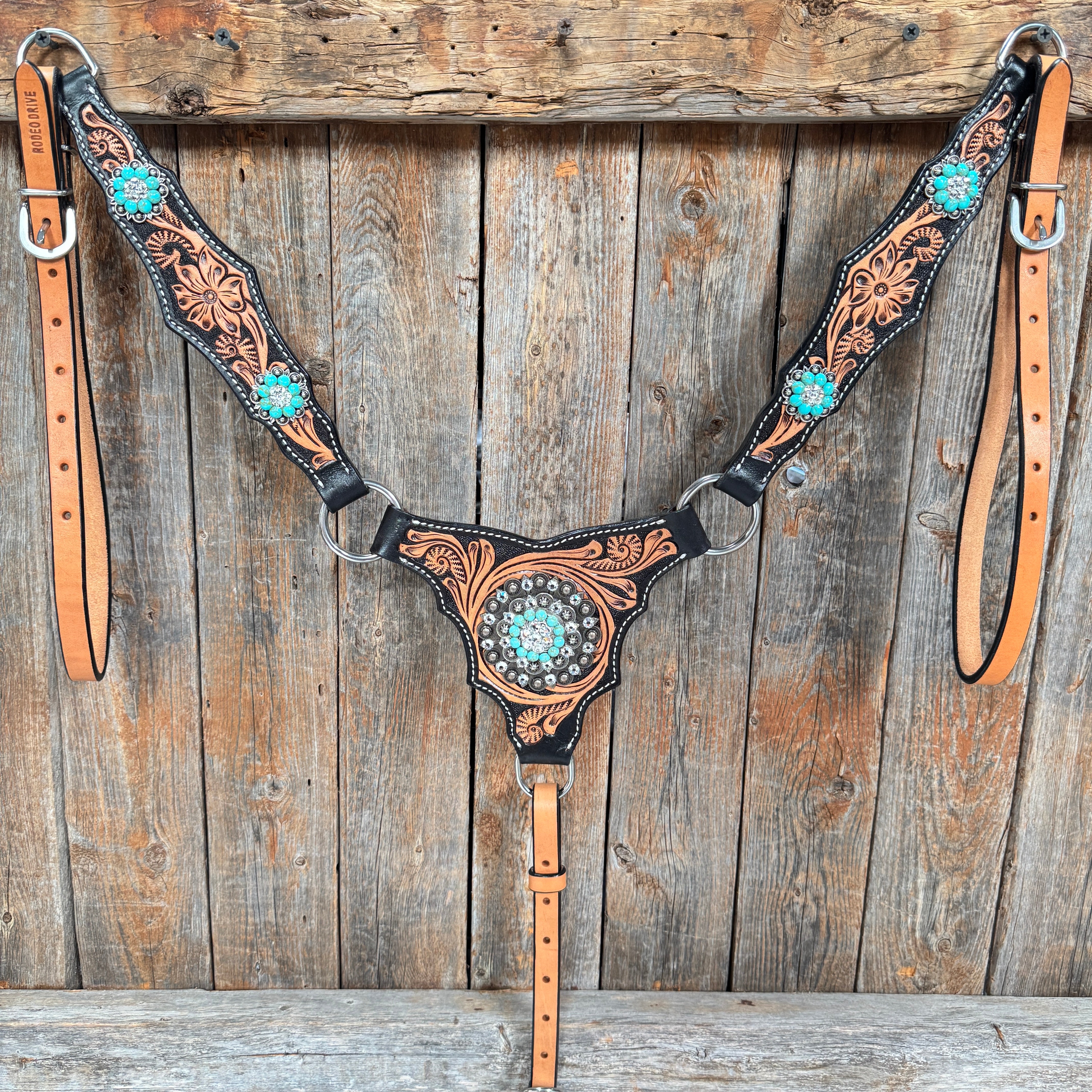 Two Tone Floral Triangle Turquoise and Clear Browband/One Ear - Triangle/Gladiator Breastcollar Tack Set #OEBC509