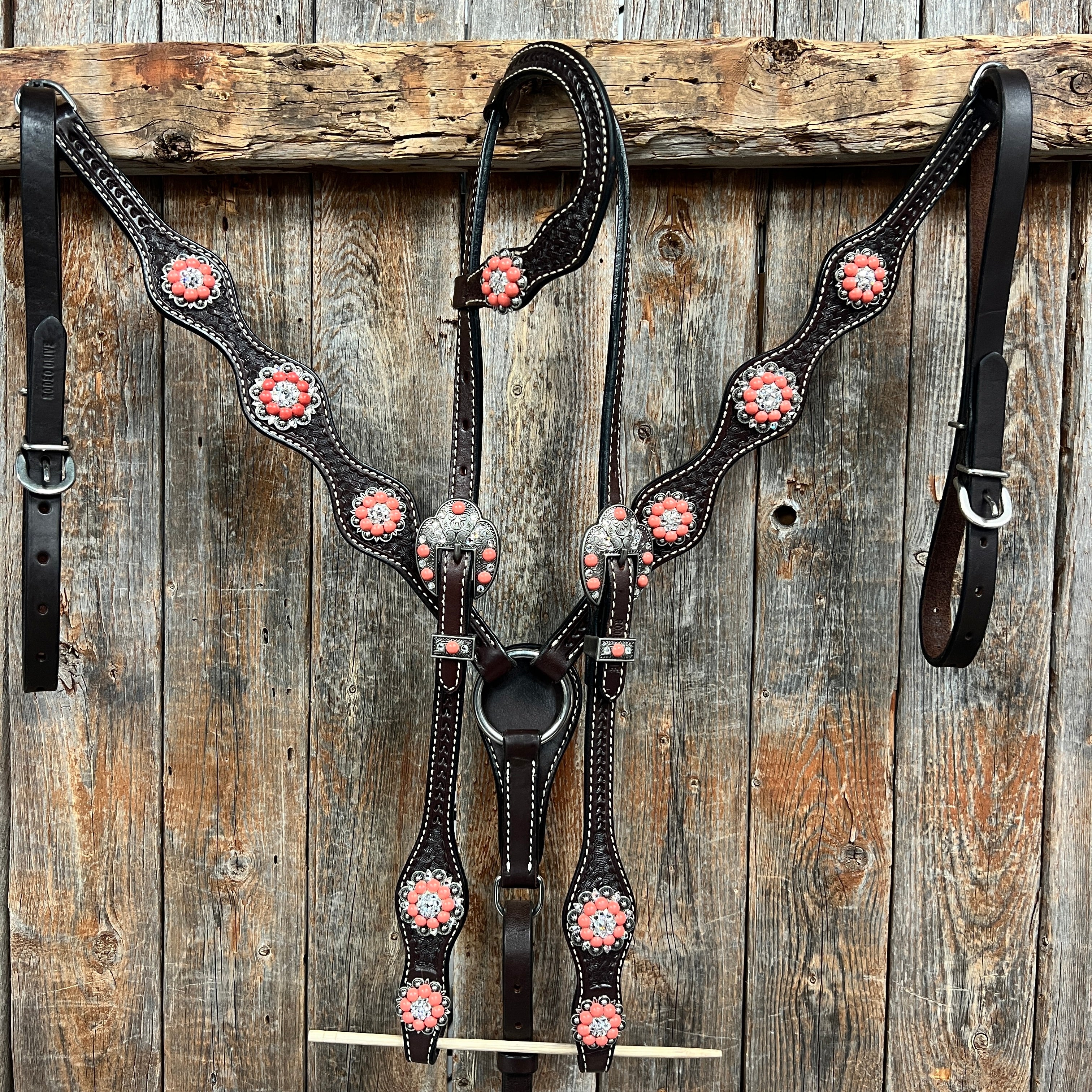 Dark Oil Basketweave Coral - Clear Browband/One Ear Tack Set  #BBBC606