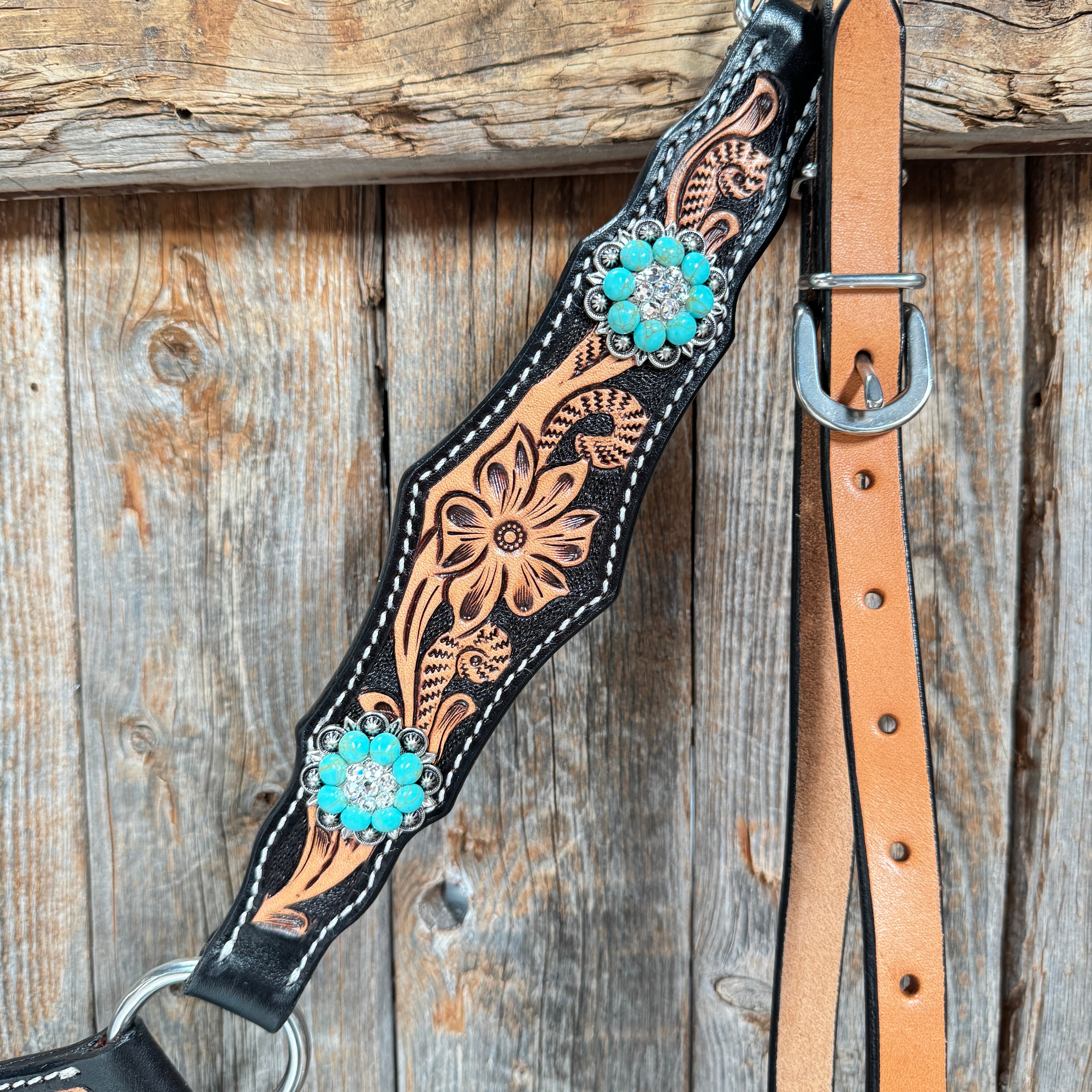 Two Tone Floral Triangle Turquoise and Clear Browband/One Ear - Triangle/Gladiator Breastcollar Tack Set #OEBC509
