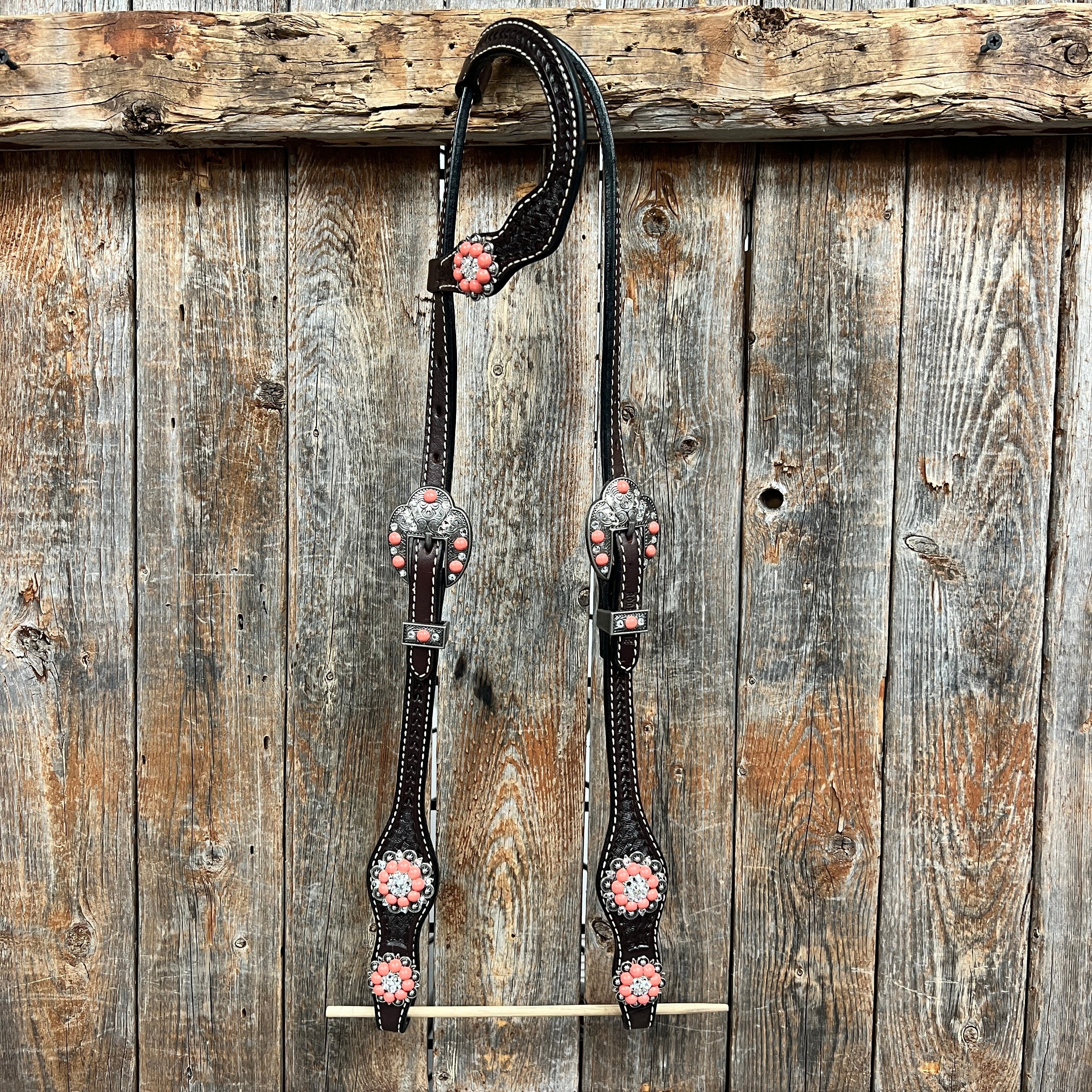 Dark Oil Basketweave Coral - Clear Browband/One Ear Tack Set  #BBBC606