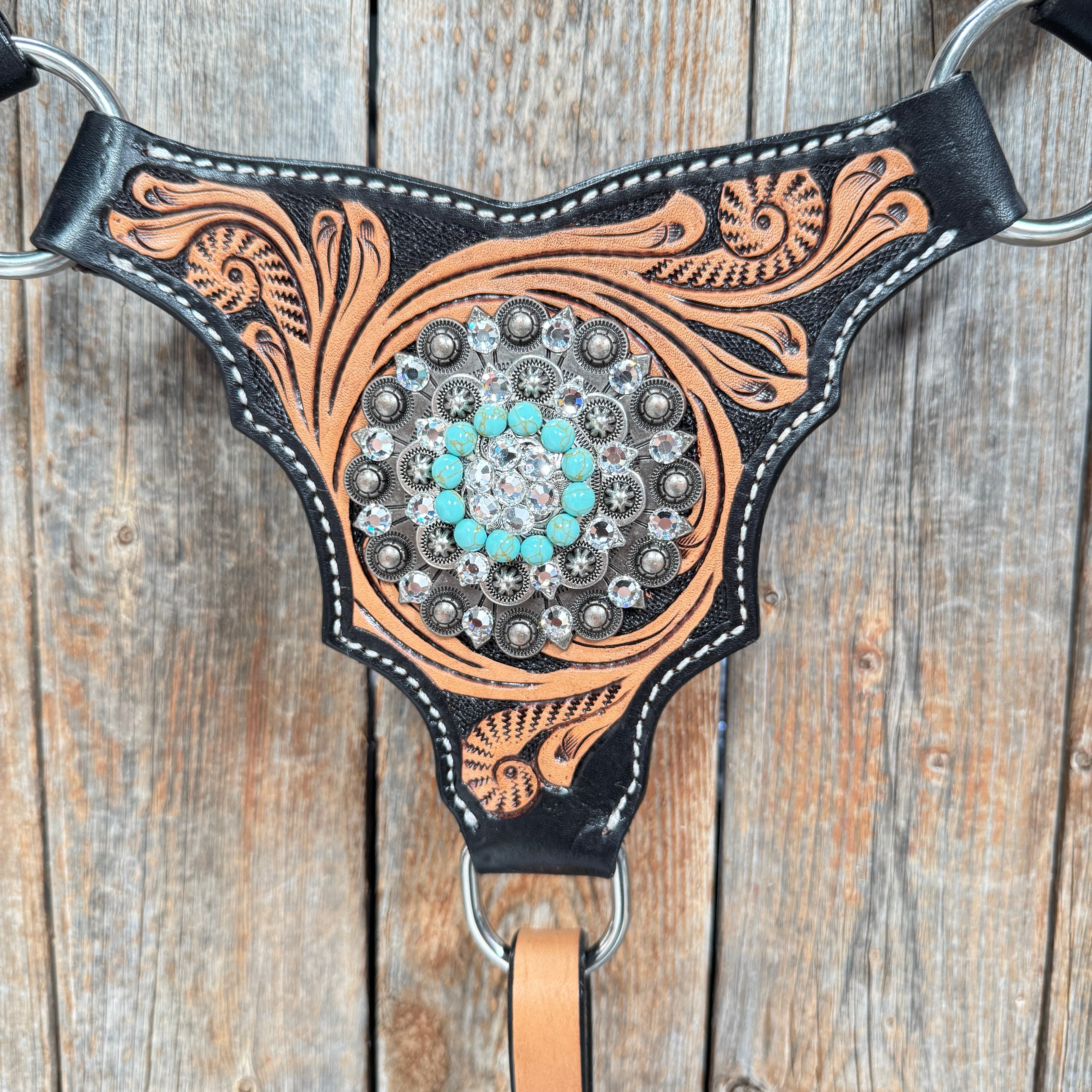 Two Tone Floral Triangle Turquoise and Clear Browband/One Ear - Triangle/Gladiator Breastcollar Tack Set #OEBC509
