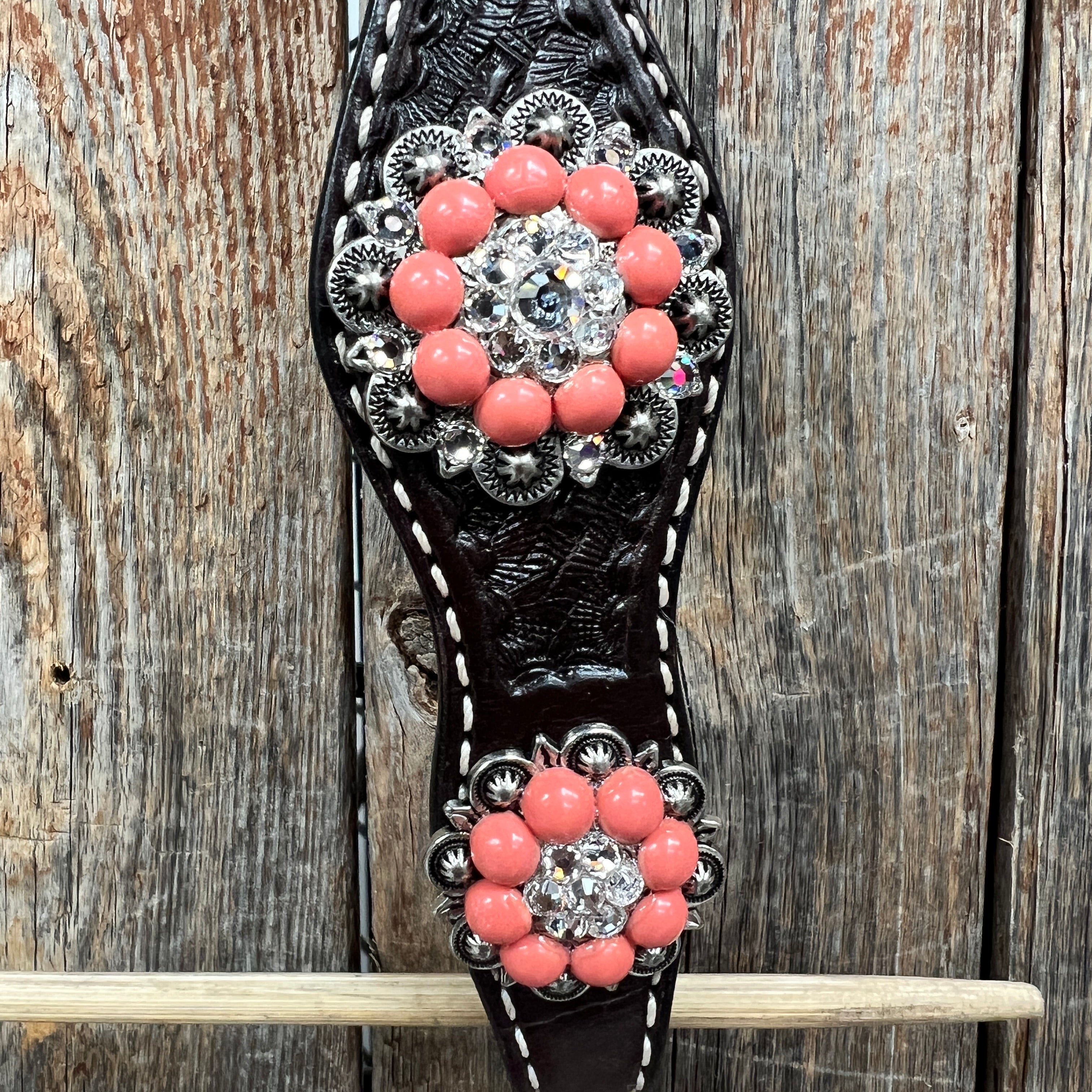 Dark Oil Basketweave Coral - Clear Browband/One Ear Tack Set  #BBBC606