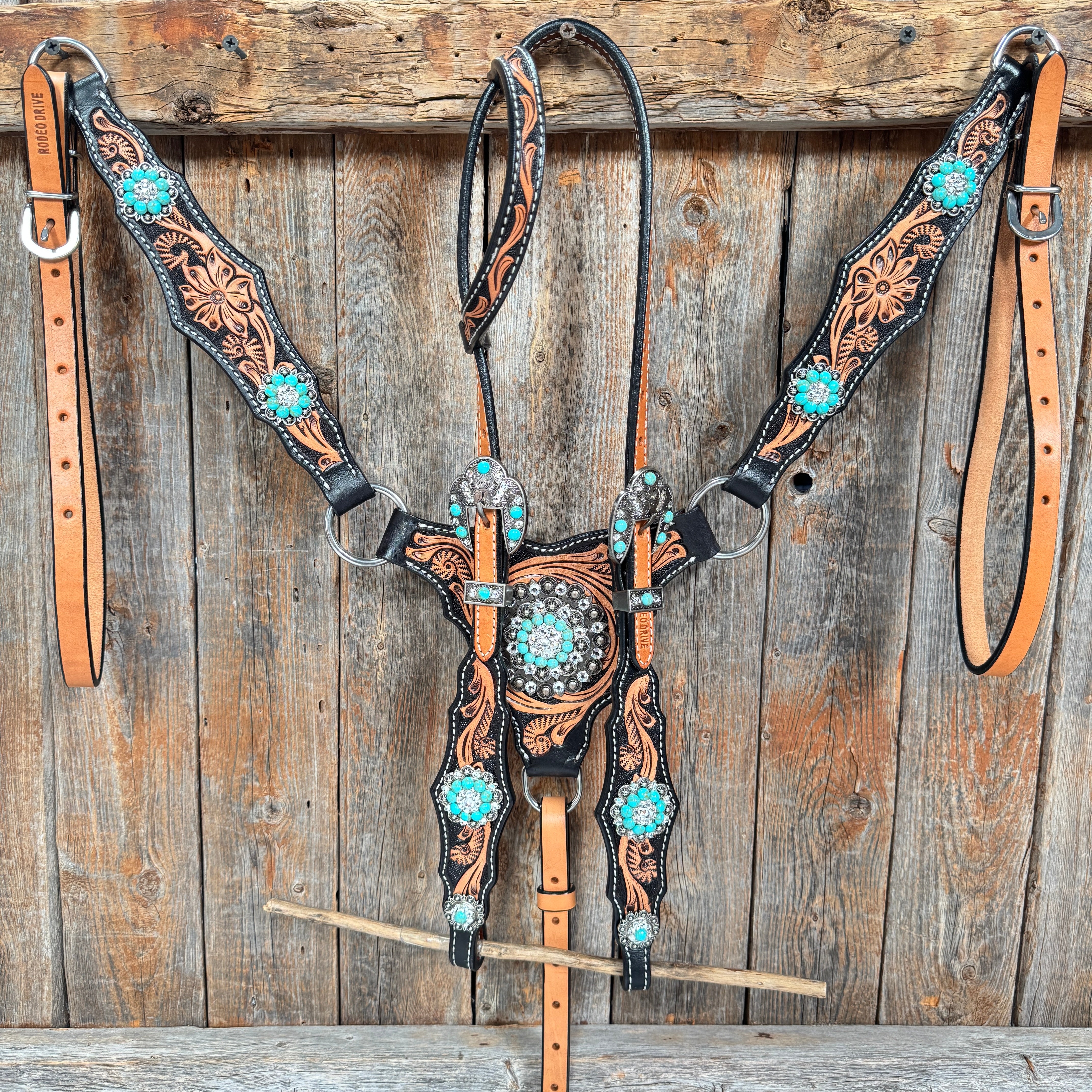 Two Tone Floral Triangle Turquoise and Clear Browband/One Ear - Triangle/Gladiator Breastcollar Tack Set #OEBC509