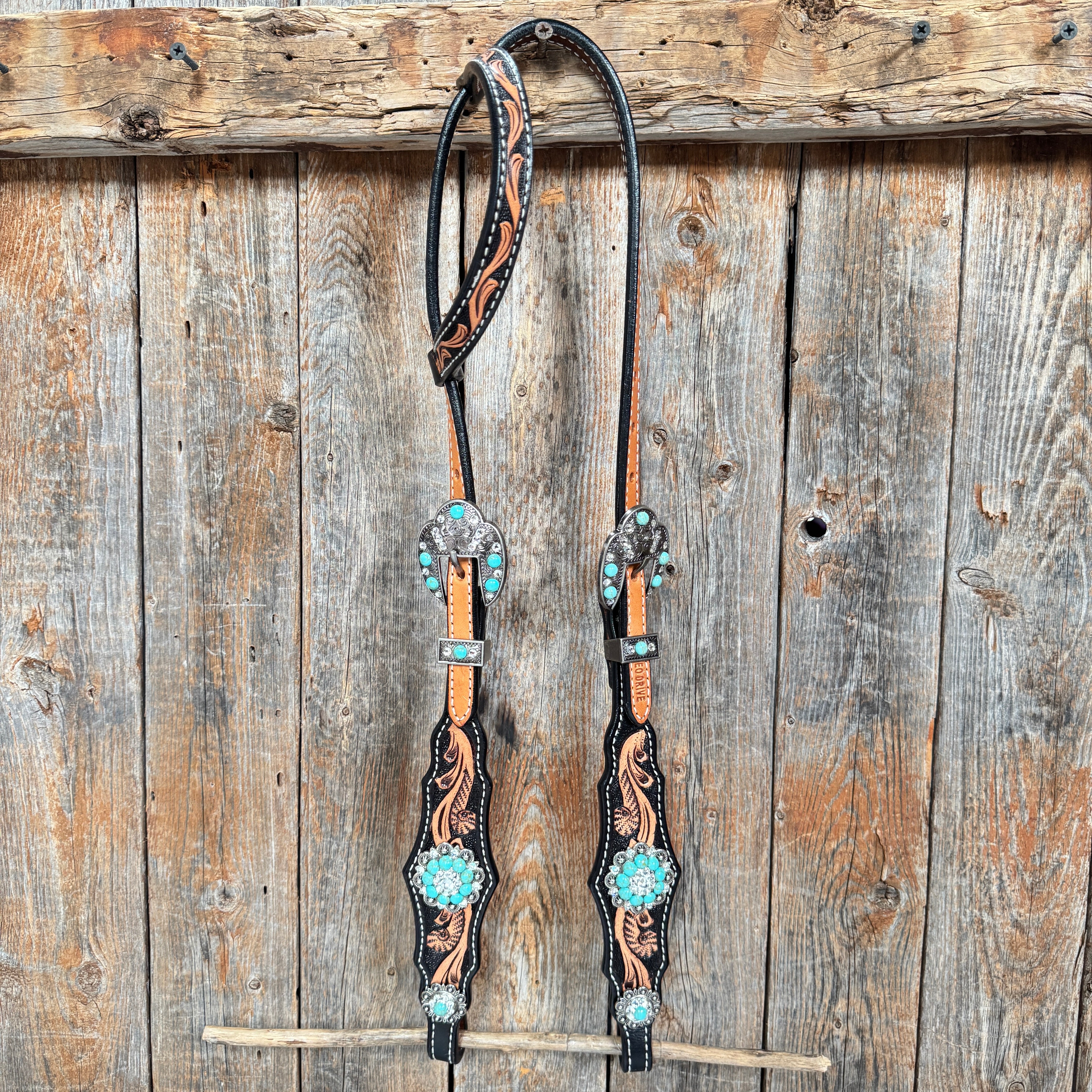 Two Tone Floral Triangle Turquoise and Clear Browband/One Ear - Triangle/Gladiator Breastcollar Tack Set #OEBC509