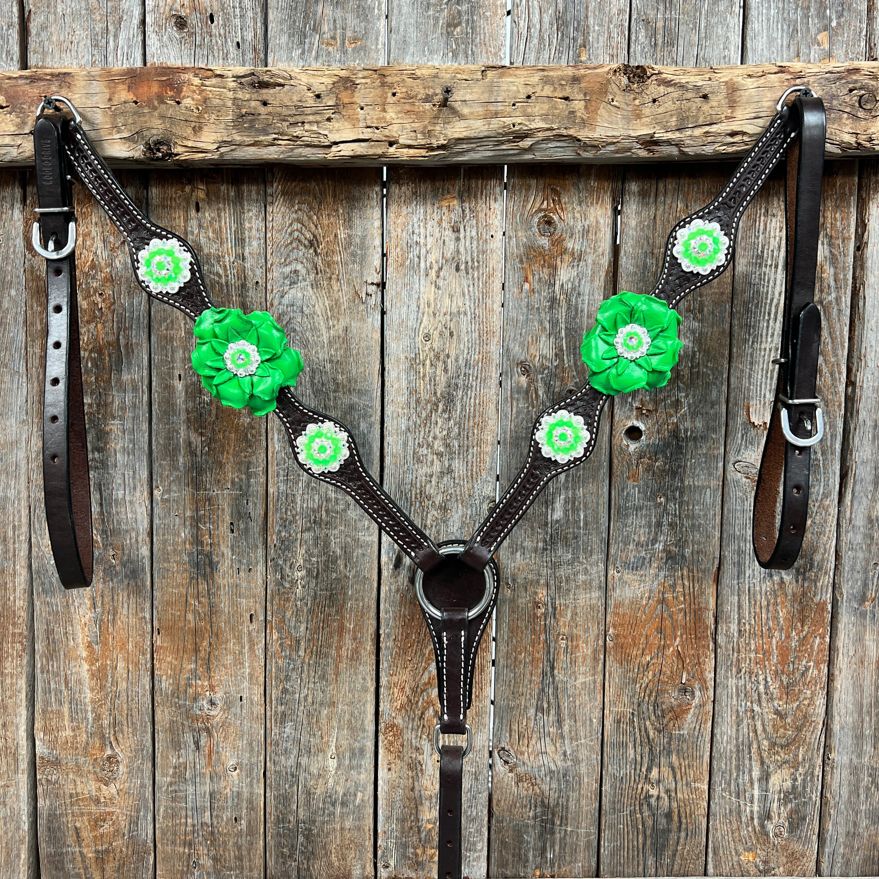 Dark Oil Basketweave Neon Green - AB Browband/One Ear Tack Set  #BBBC600