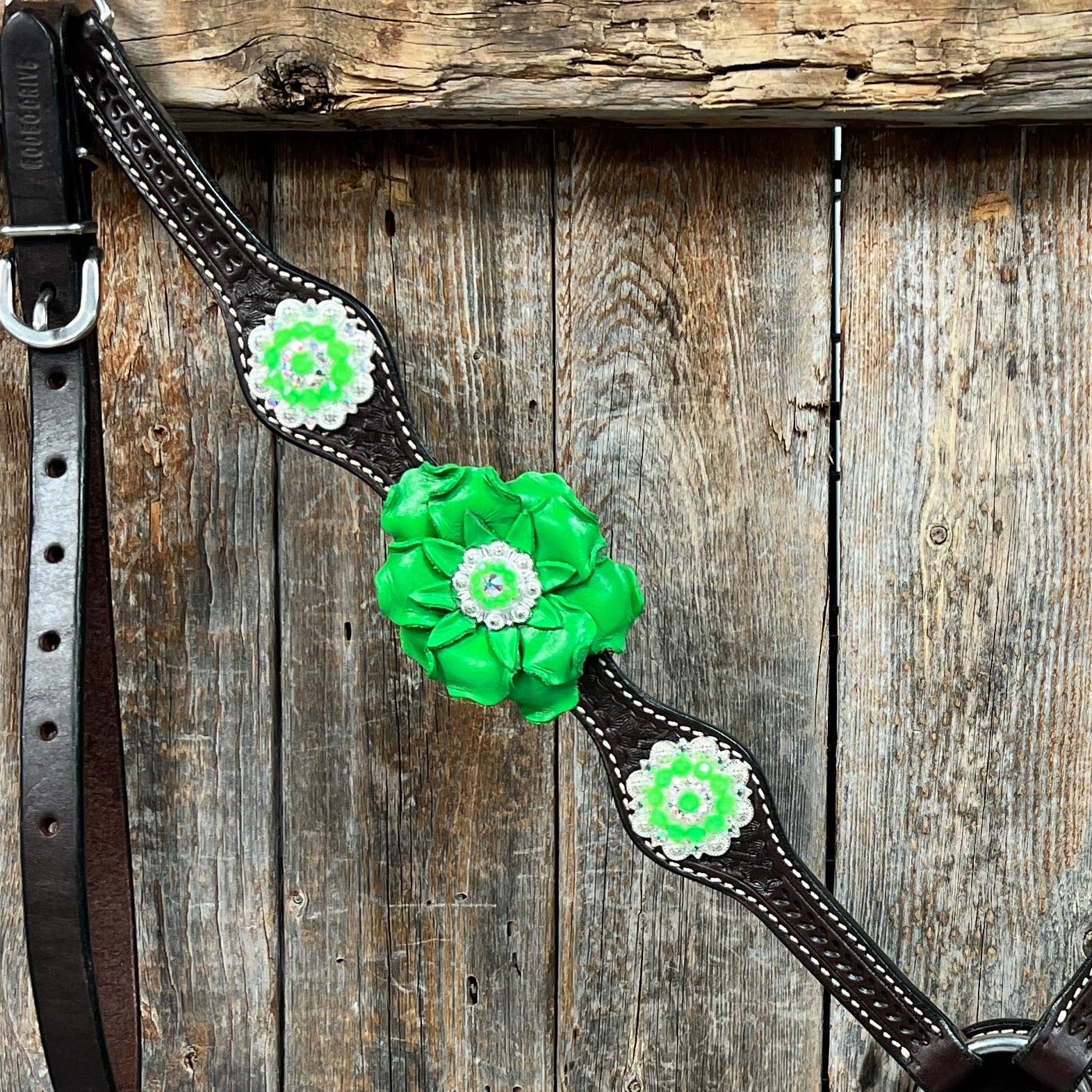Dark Oil Basketweave Neon Green - AB Browband/One Ear Tack Set  #BBBC600