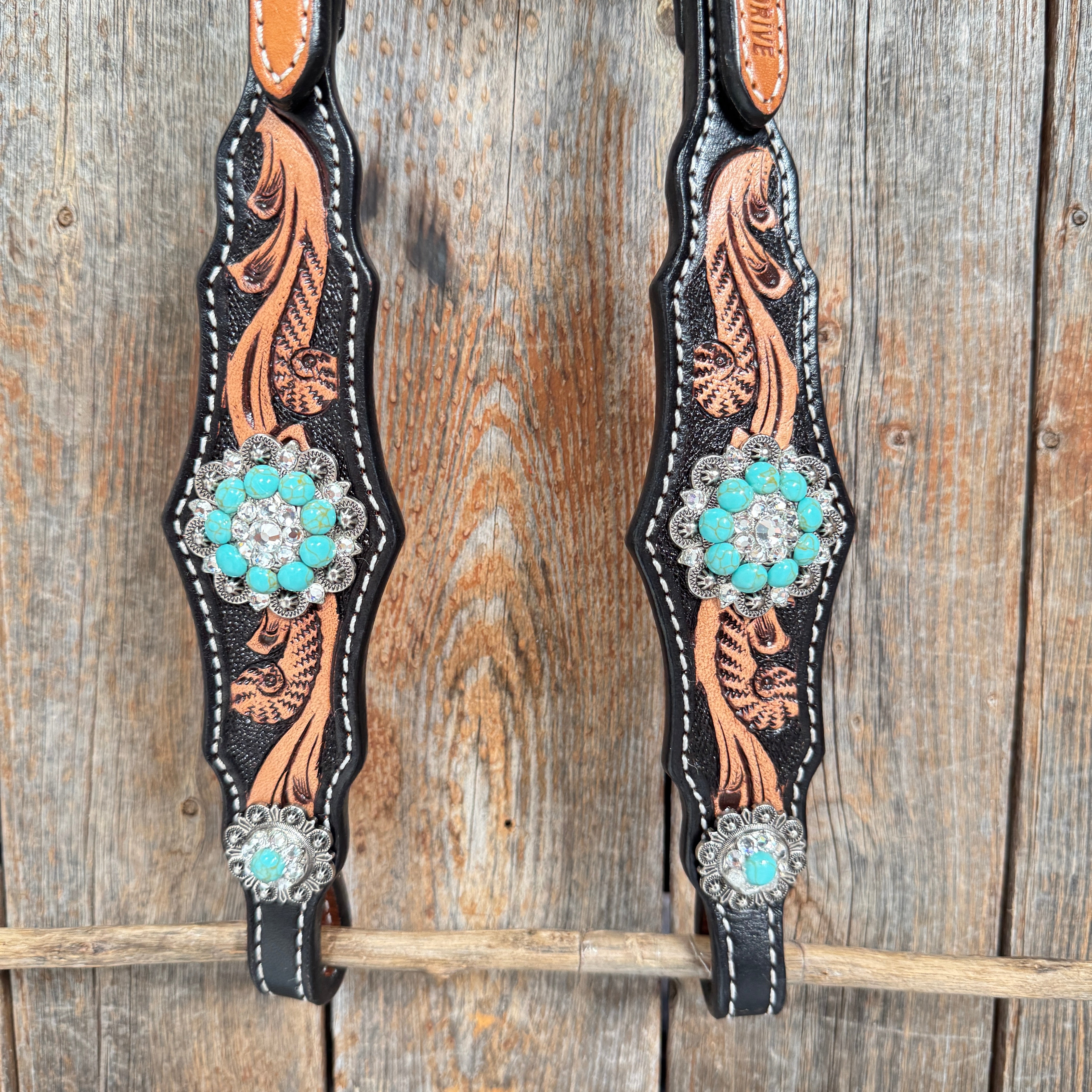 Two Tone Floral Triangle Turquoise and Clear Browband/One Ear - Triangle/Gladiator Breastcollar Tack Set #OEBC509