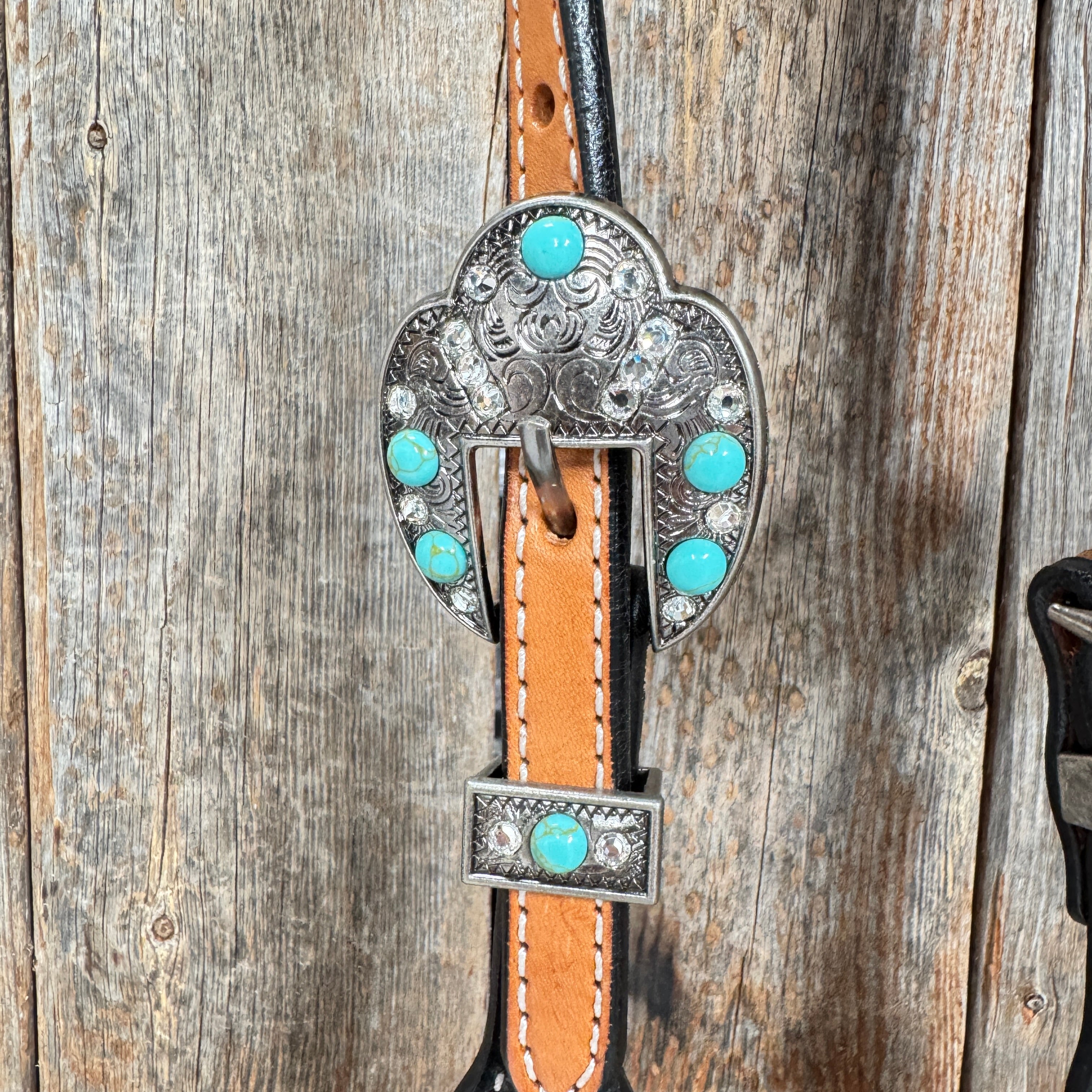 Two Tone Floral Triangle Turquoise and Clear Browband/One Ear - Triangle/Gladiator Breastcollar Tack Set #OEBC509