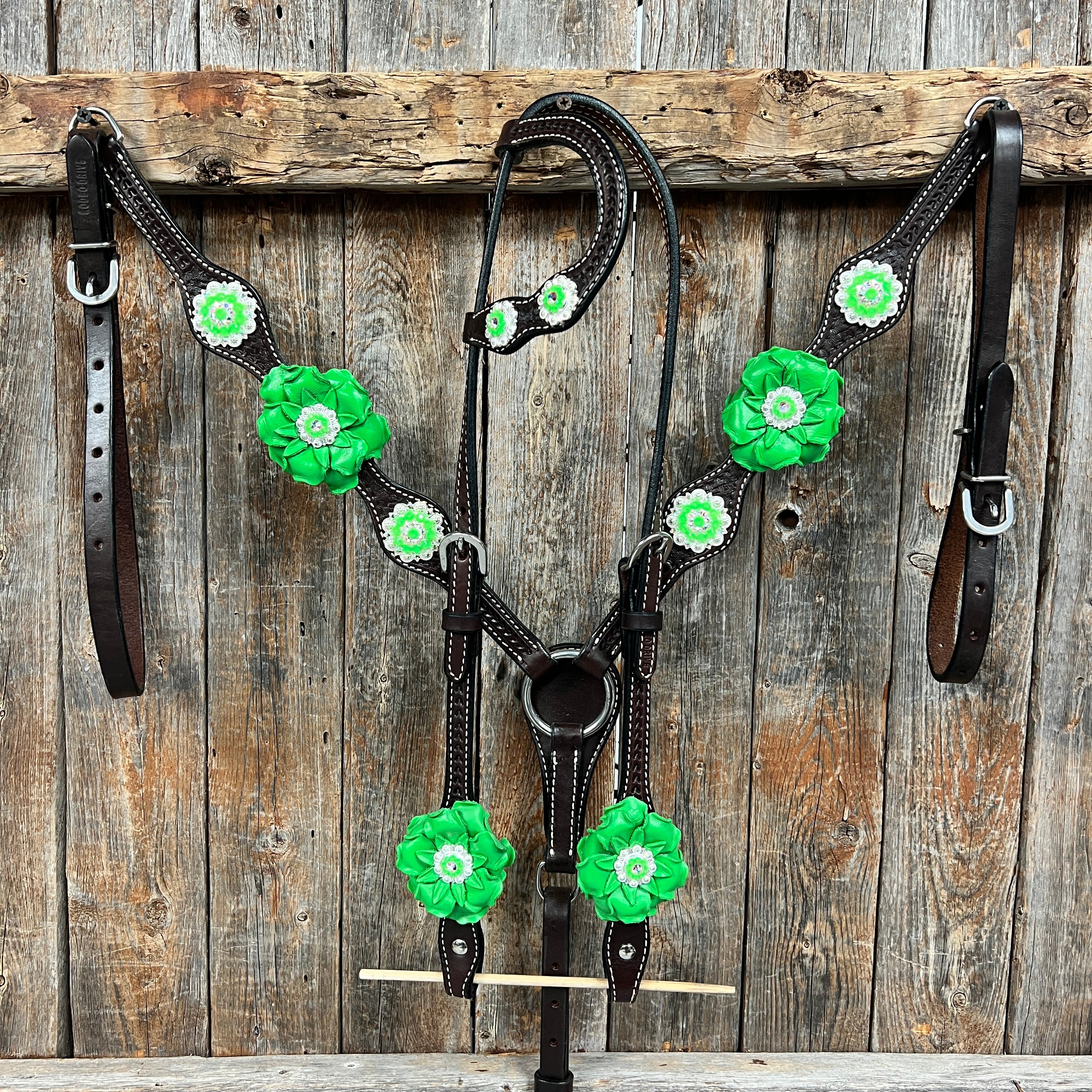 Dark Oil Basketweave Neon Green - AB Browband/One Ear Tack Set  #BBBC600