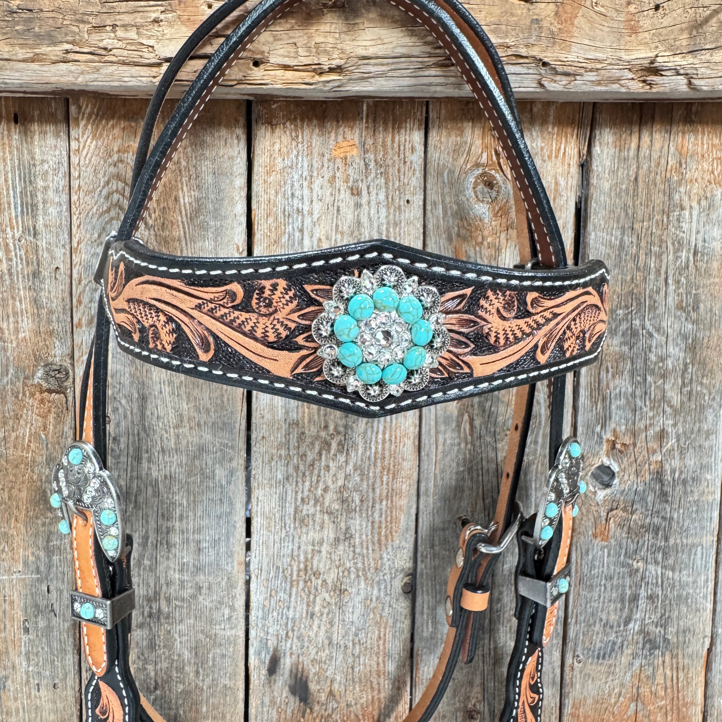 Two Tone Floral Triangle Turquoise and Clear Browband/One Ear - Triangle/Gladiator Breastcollar Tack Set #OEBC509