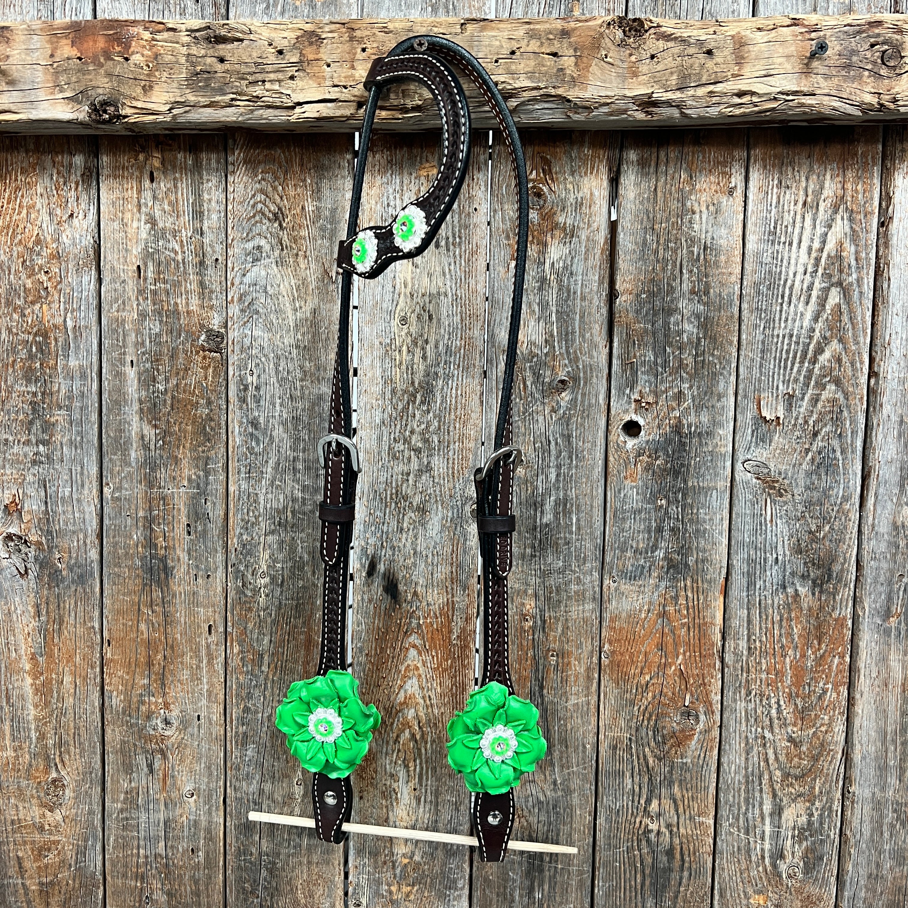 Dark Oil Basketweave Neon Green - AB Browband/One Ear Tack Set  #BBBC600