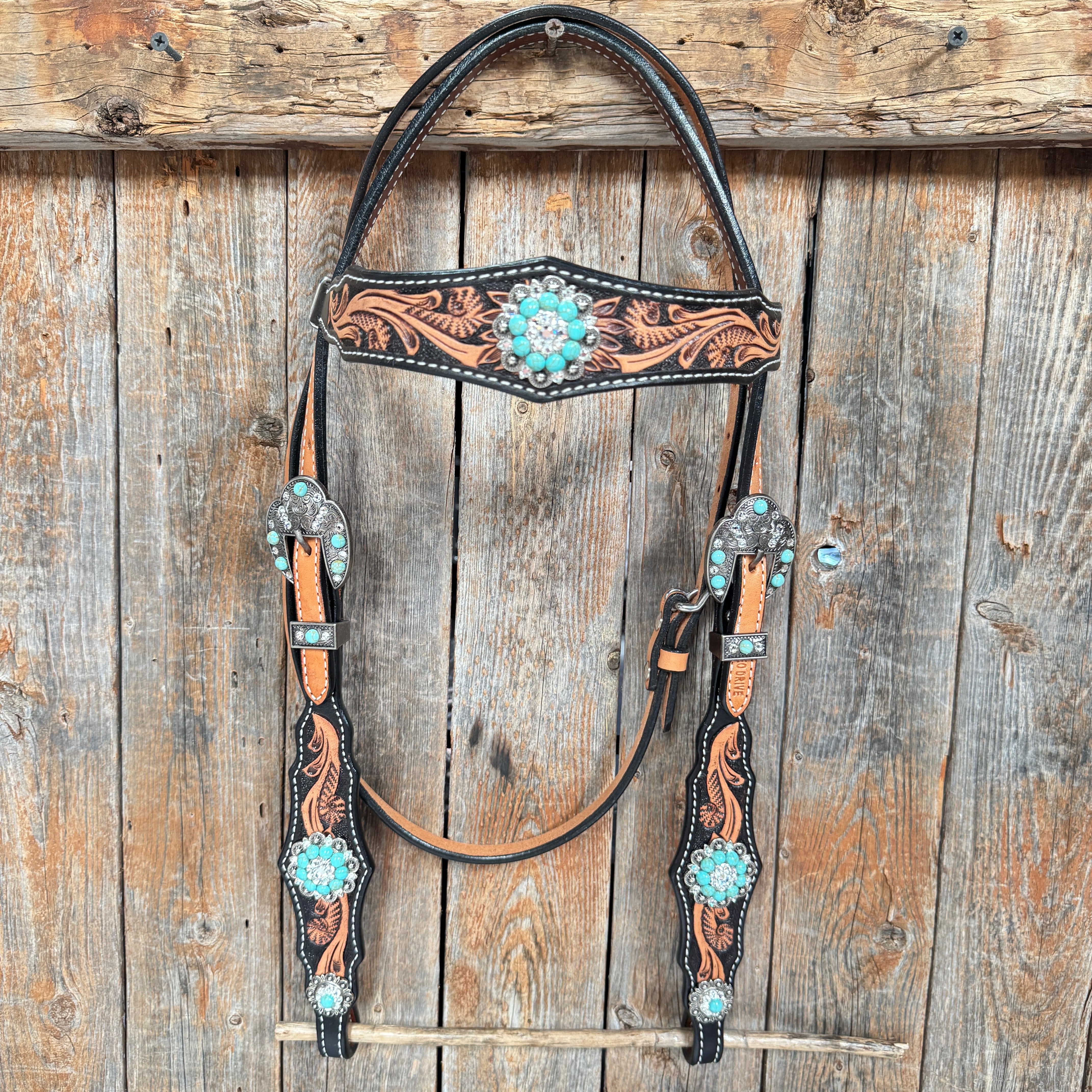 Two Tone Floral Triangle Turquoise and Clear Browband/One Ear - Triangle/Gladiator Breastcollar Tack Set #OEBC509