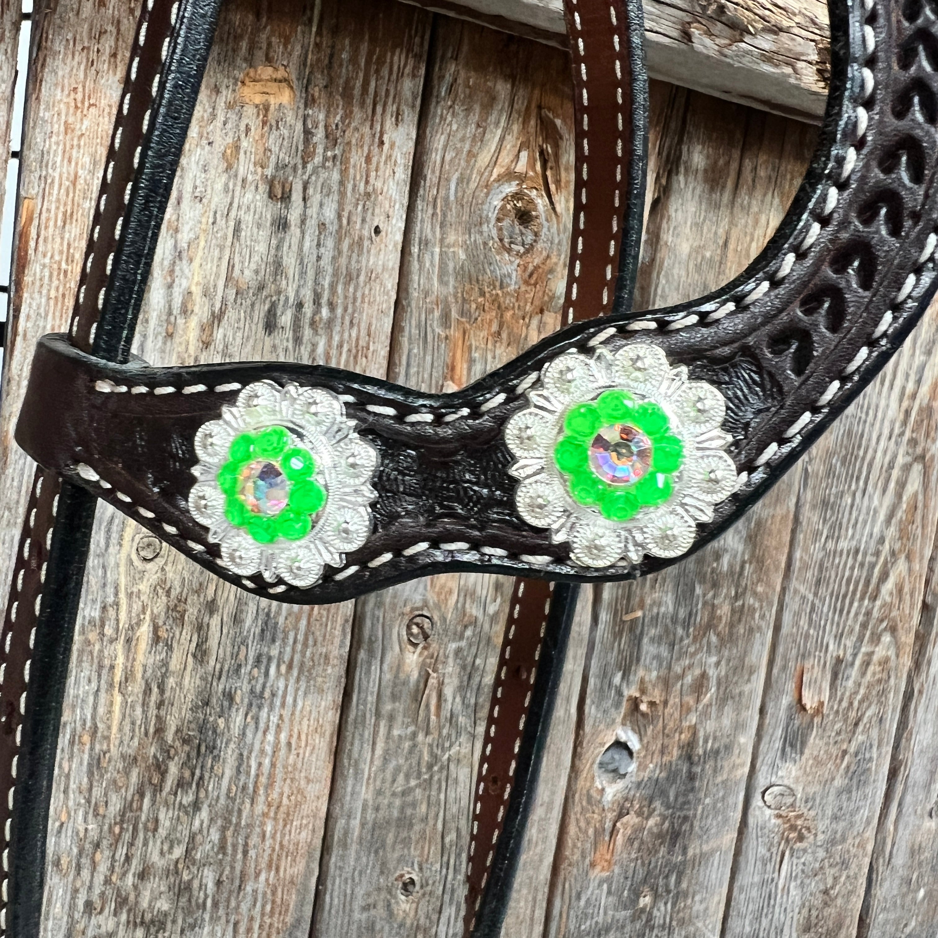 Dark Oil Basketweave Neon Green - AB Browband/One Ear Tack Set  #BBBC600