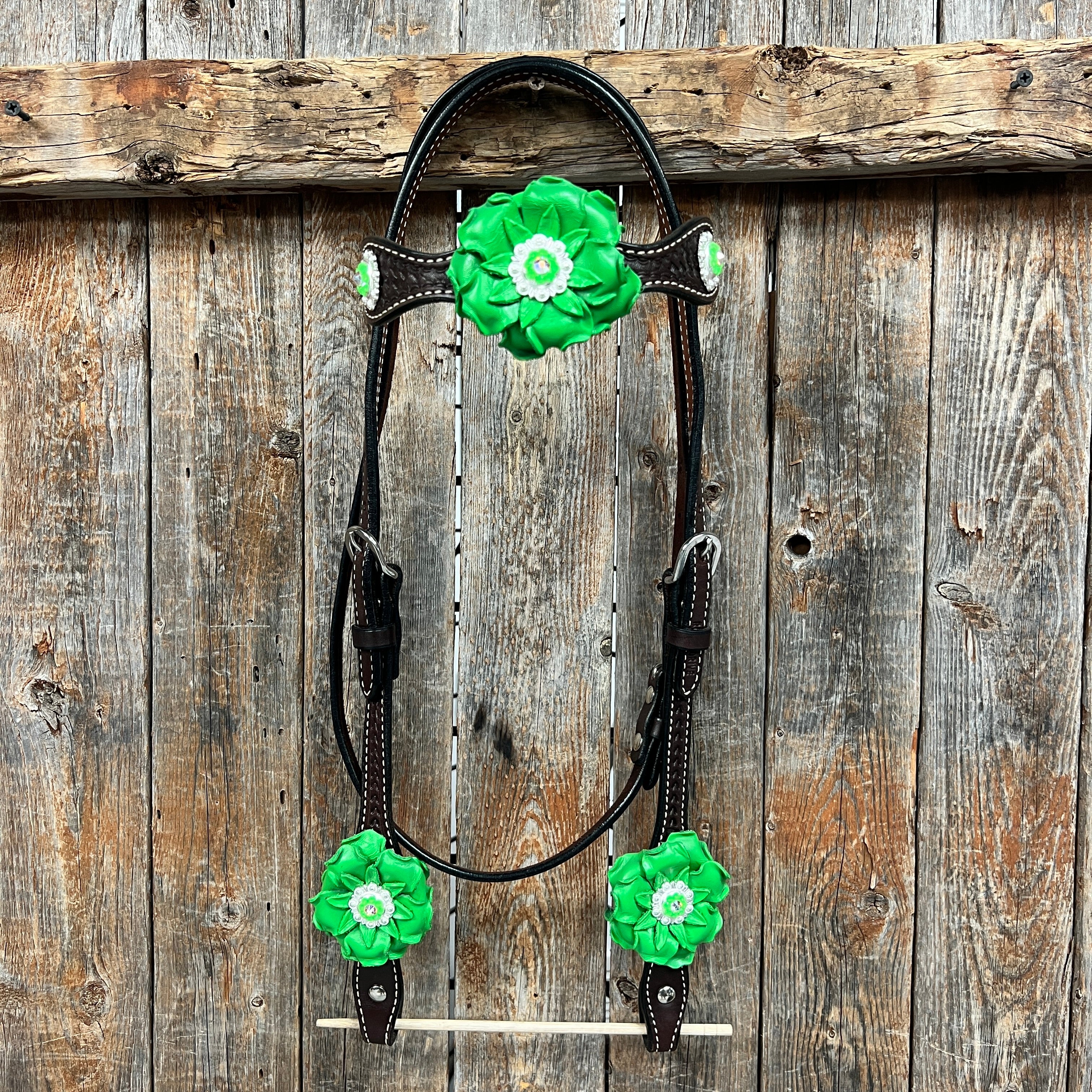 Dark Oil Basketweave Neon Green - AB Browband/One Ear Tack Set  #BBBC600