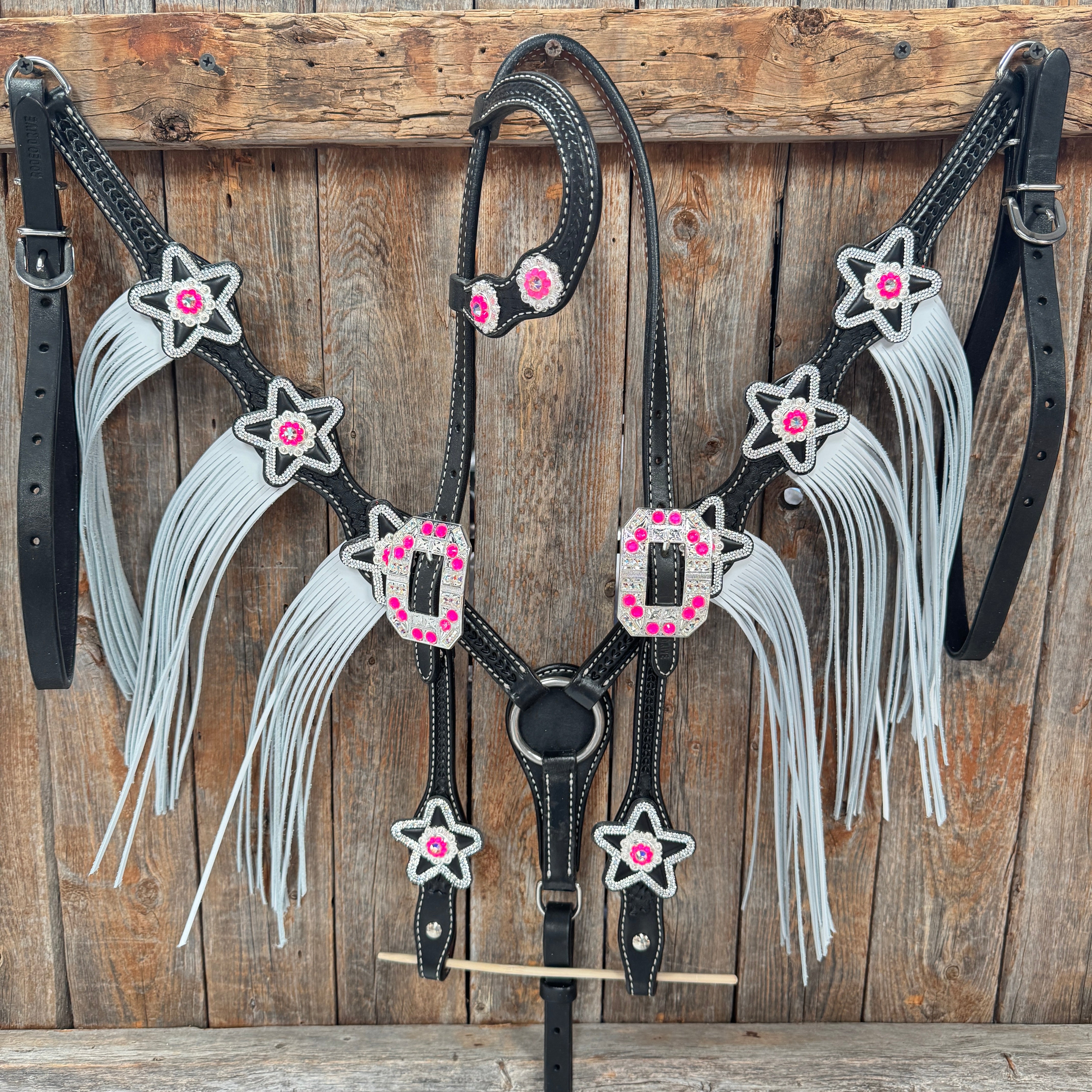 Black Basketweave Pink & AB One Ear Tack Set  #OEBC661