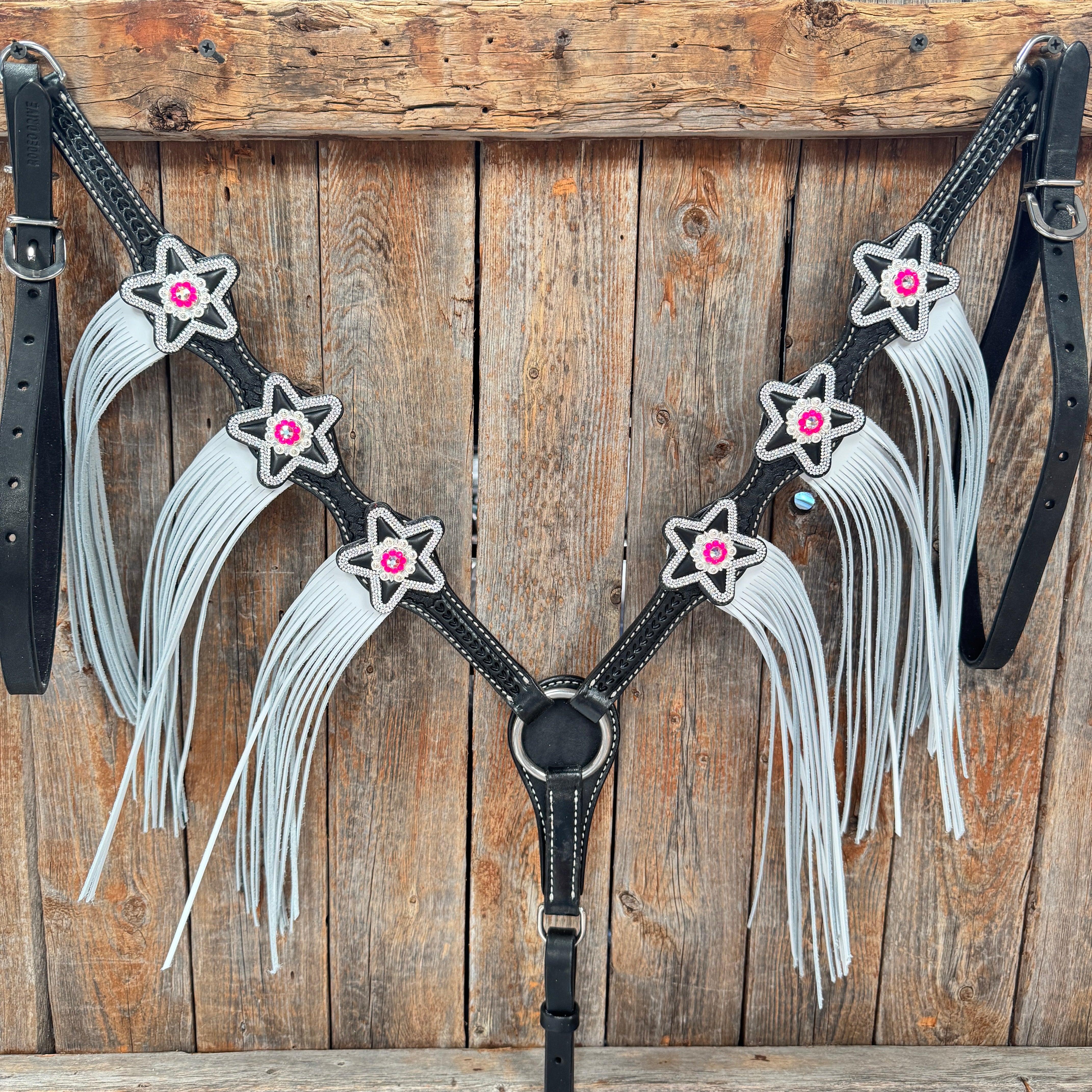 Black Basketweave Pink & AB One Ear Tack Set  #OEBC661