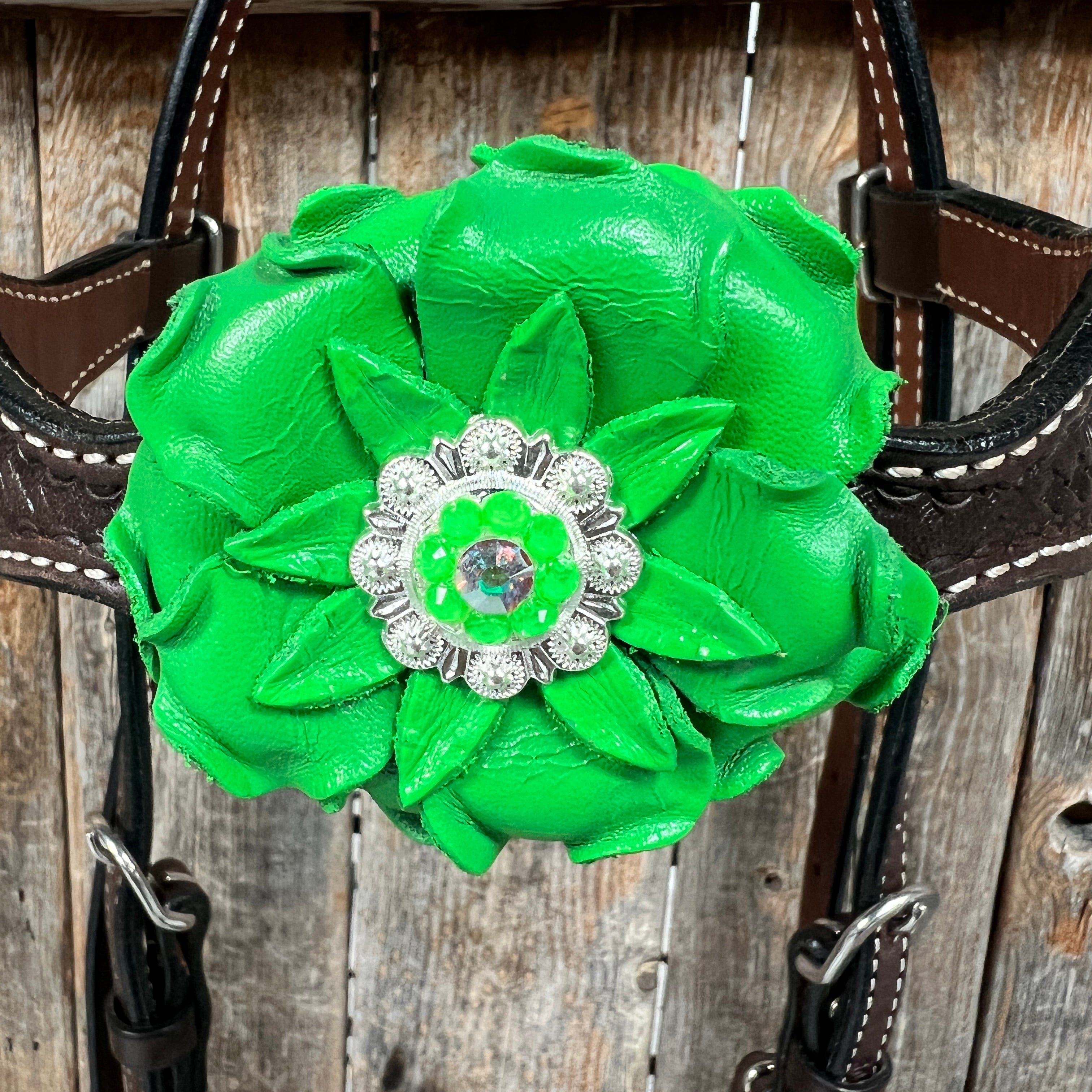 Dark Oil Basketweave Neon Green - AB Browband/One Ear Tack Set  #BBBC600