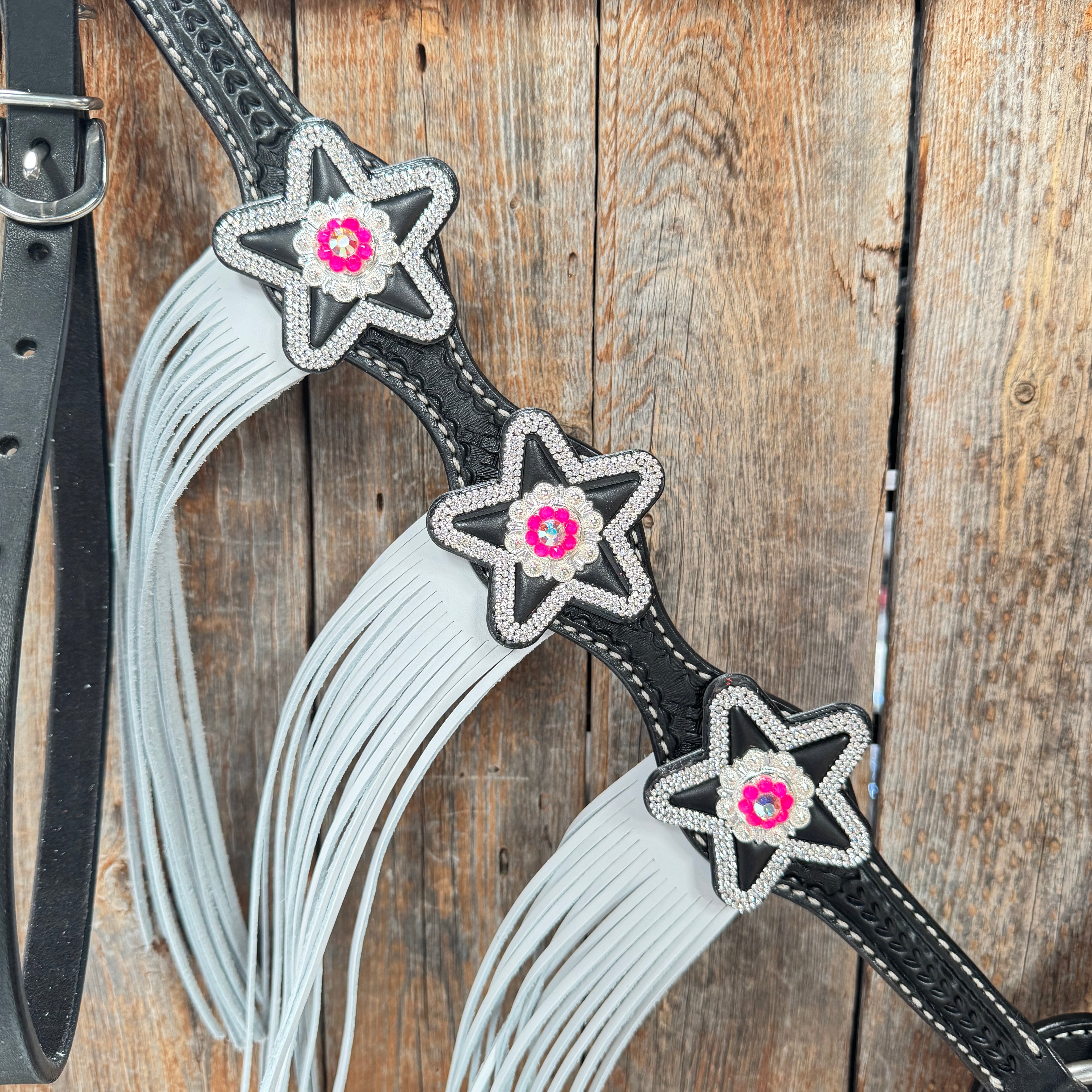 Black Basketweave Pink & AB One Ear Tack Set  #OEBC661