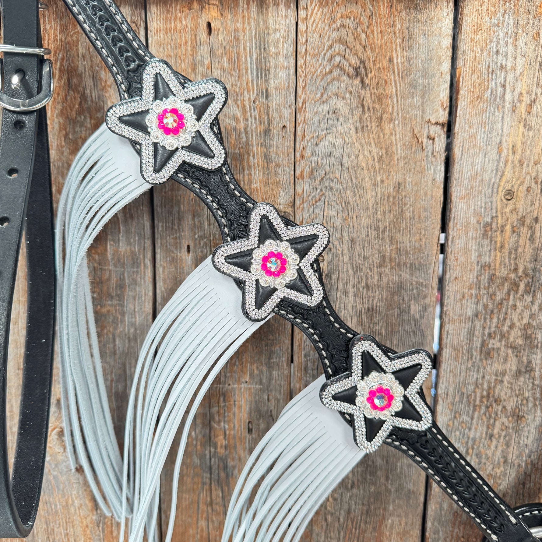 Black Basketweave Pink & AB One Ear Tack Set  #OEBC661