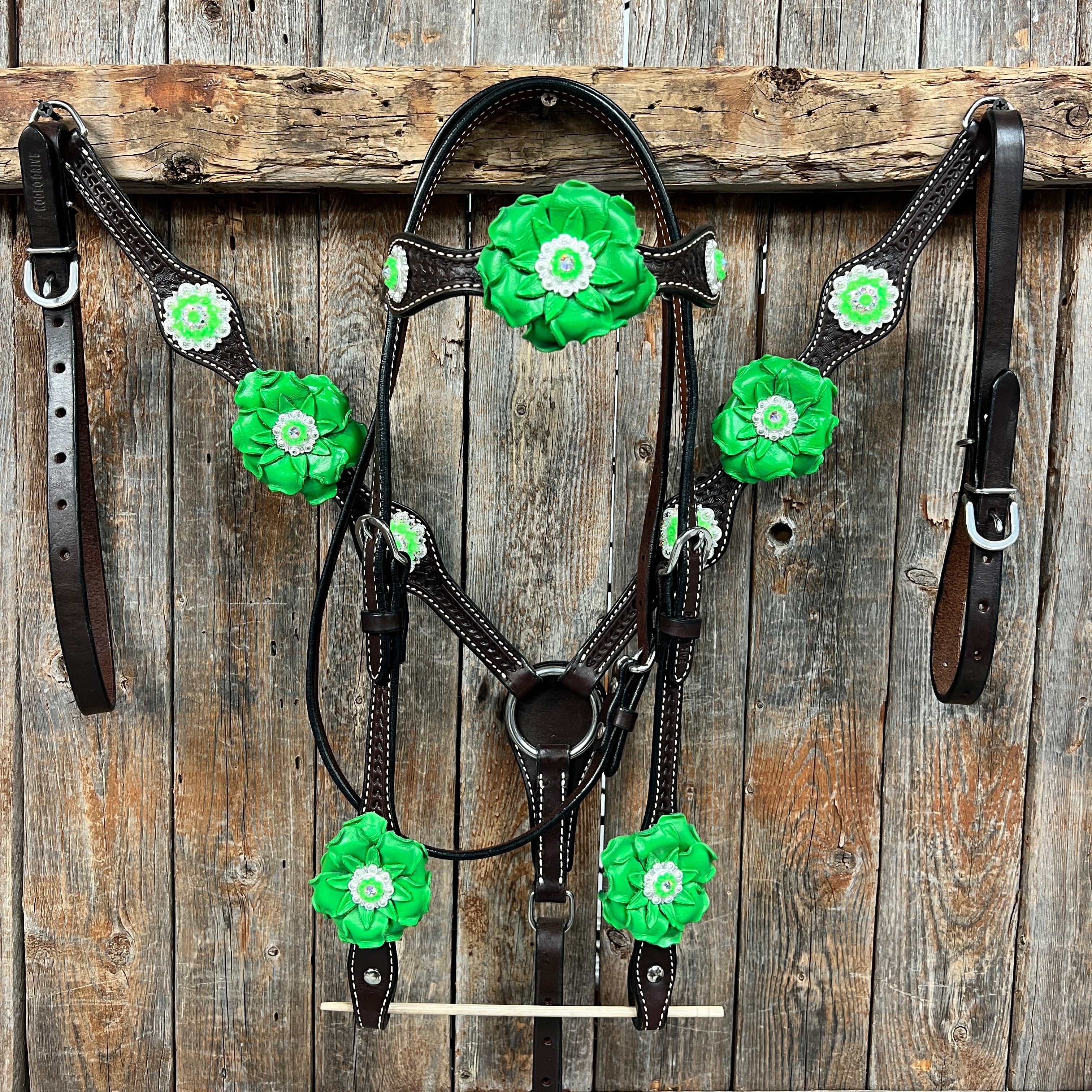 Dark Oil Basketweave Neon Green - AB Browband/One Ear Tack Set  #BBBC600
