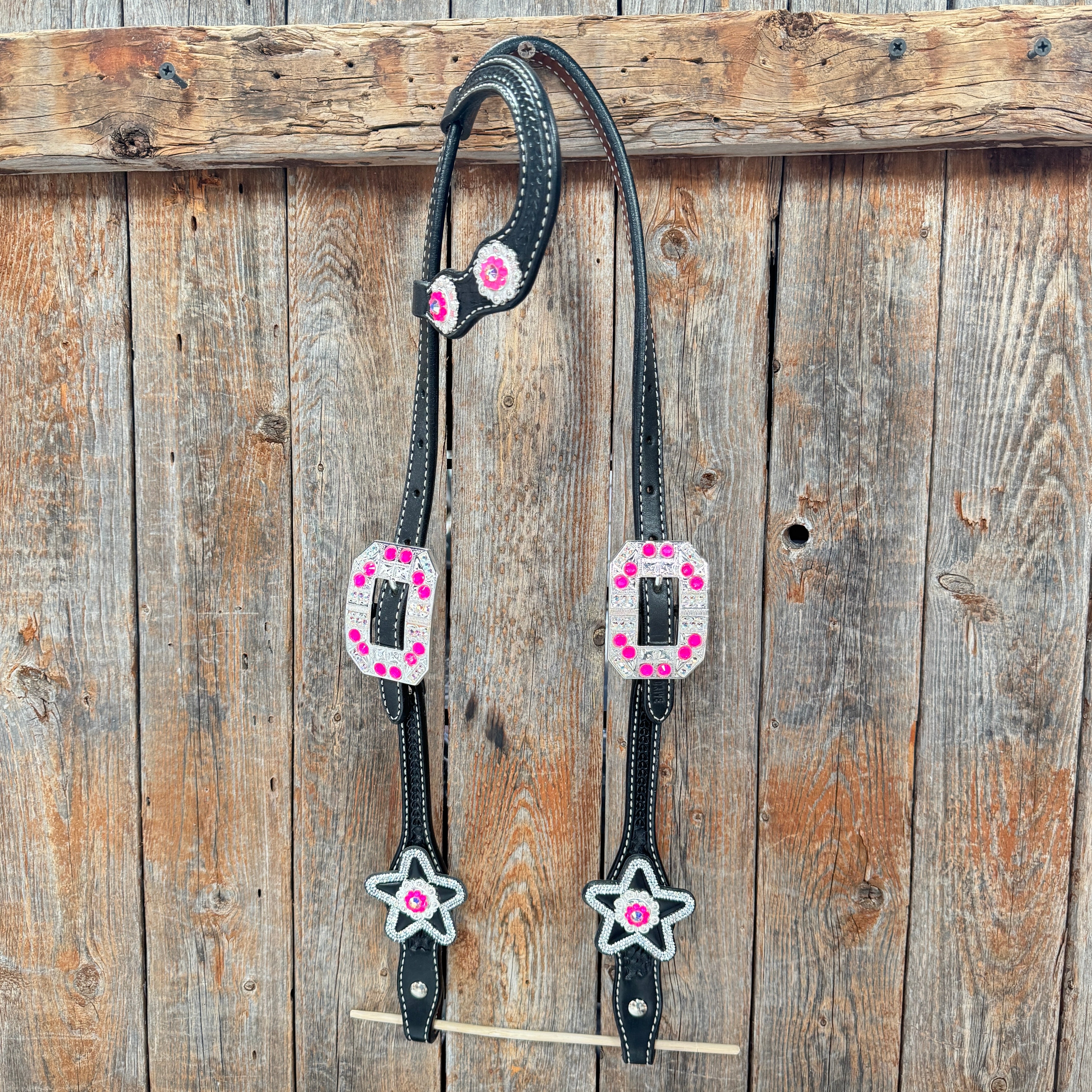 Black Basketweave Pink & AB One Ear Tack Set  #OEBC661