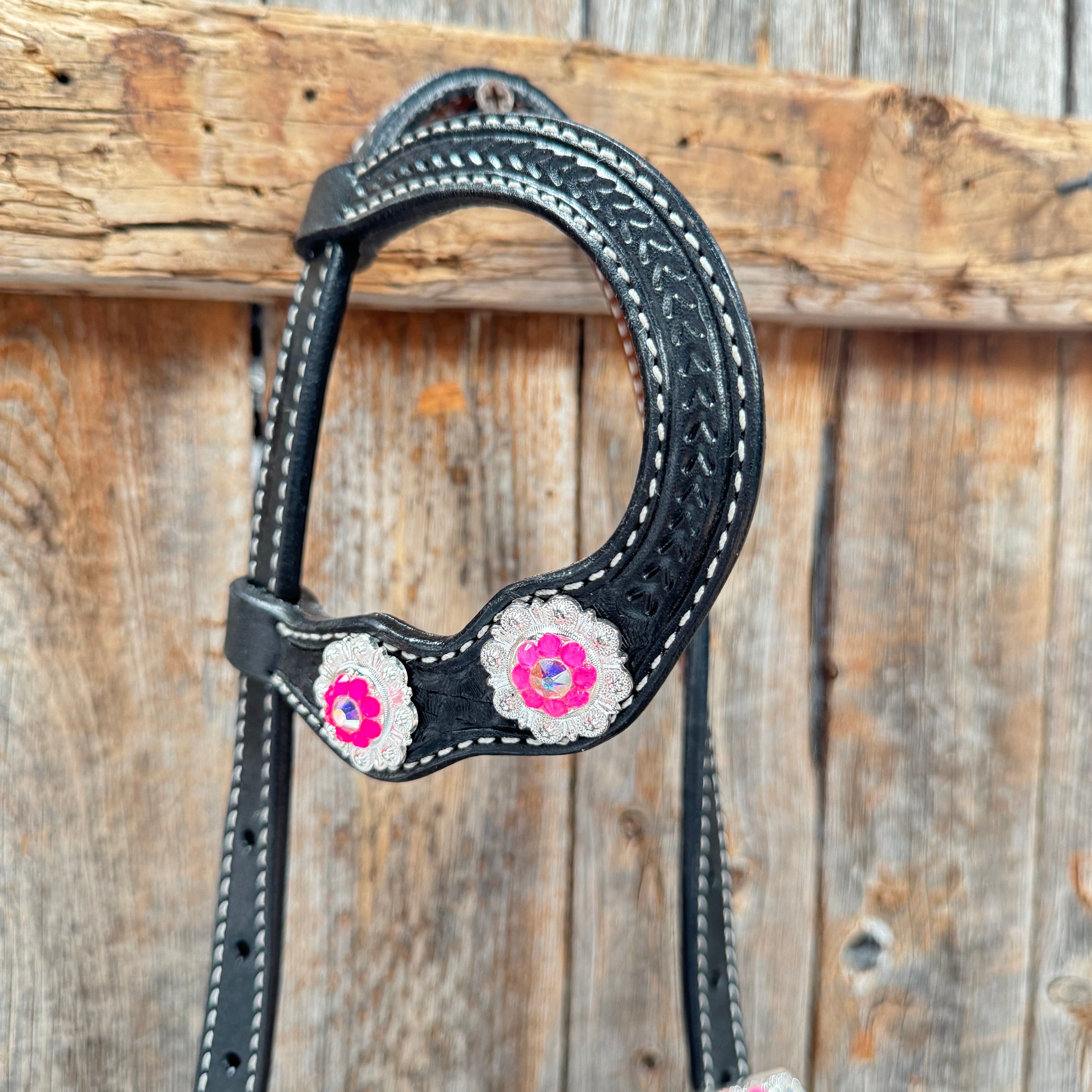 Black Basketweave Pink & AB One Ear Tack Set  #OEBC661