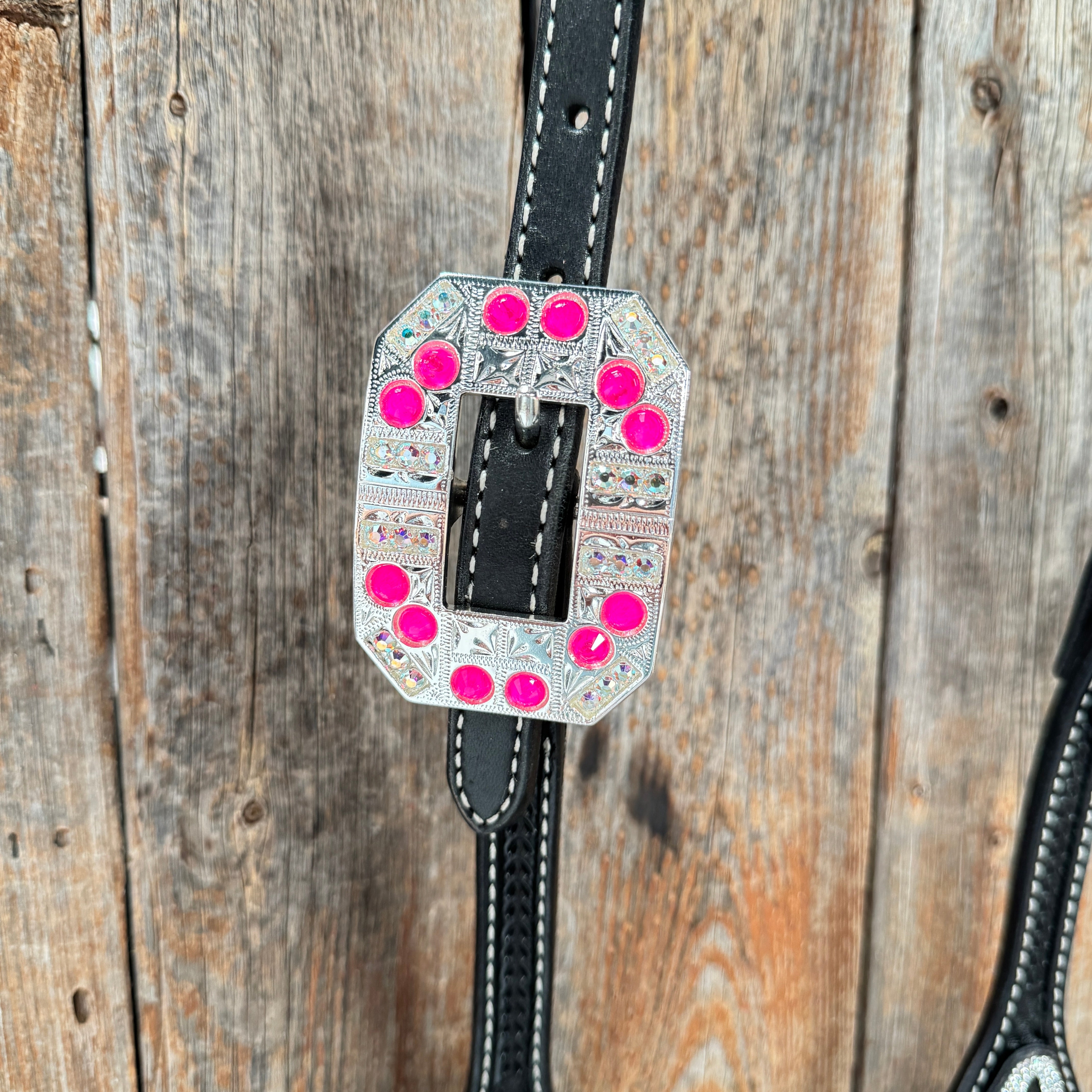 Black Basketweave Pink & AB One Ear Tack Set  #OEBC661