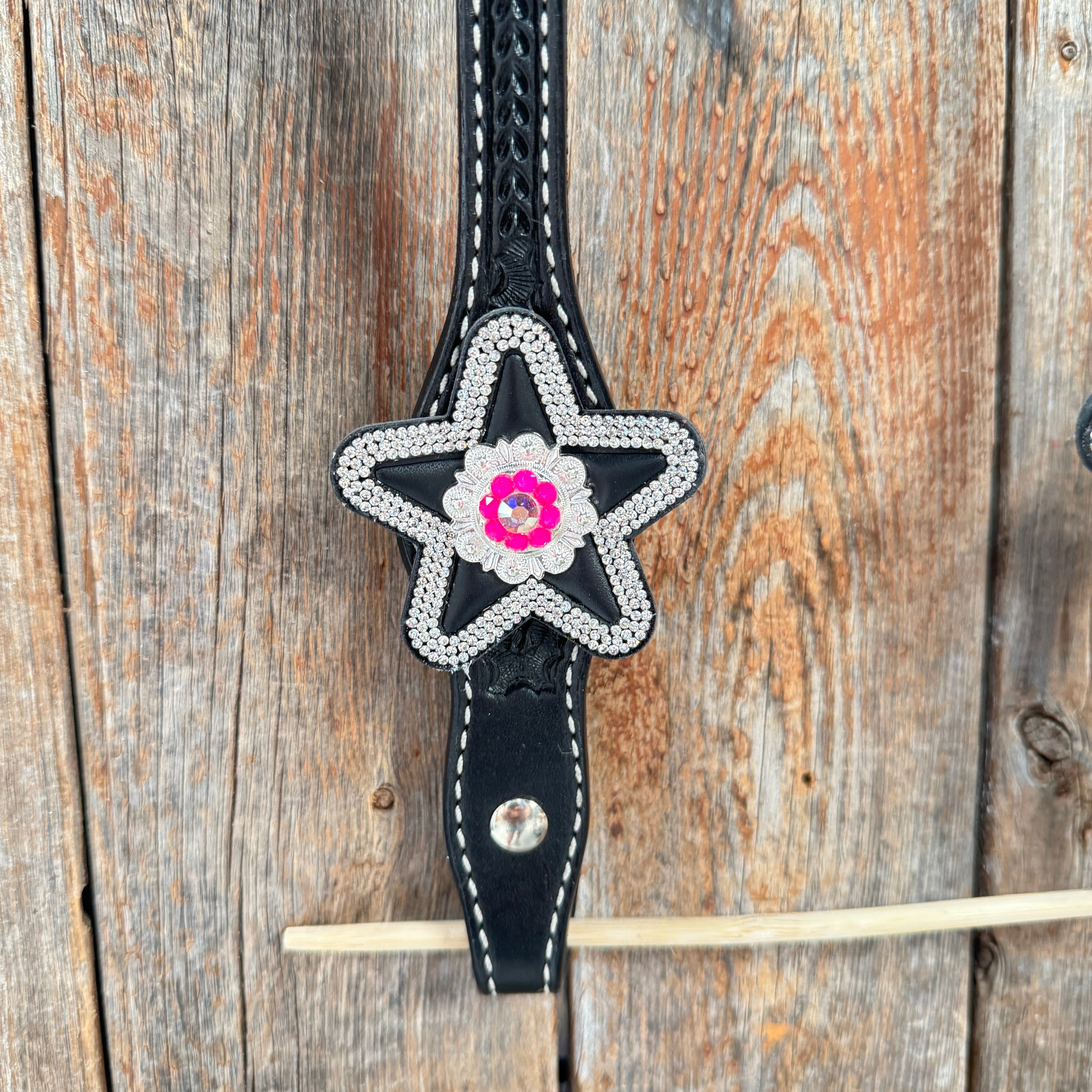 Black Basketweave Pink & AB One Ear Tack Set  #OEBC661