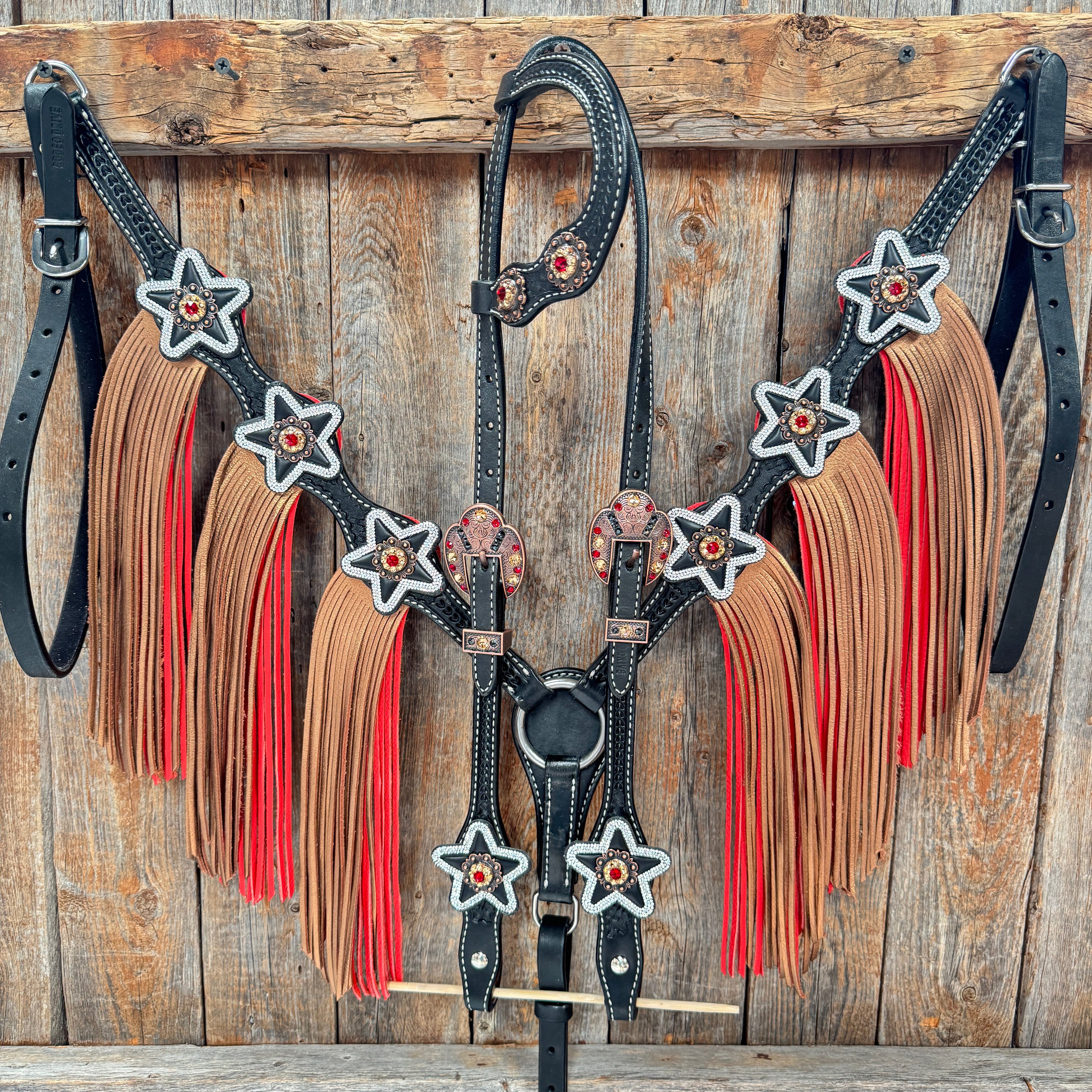 Black Basketweave Red and Copper One Ear Tack Set  #OEBC662