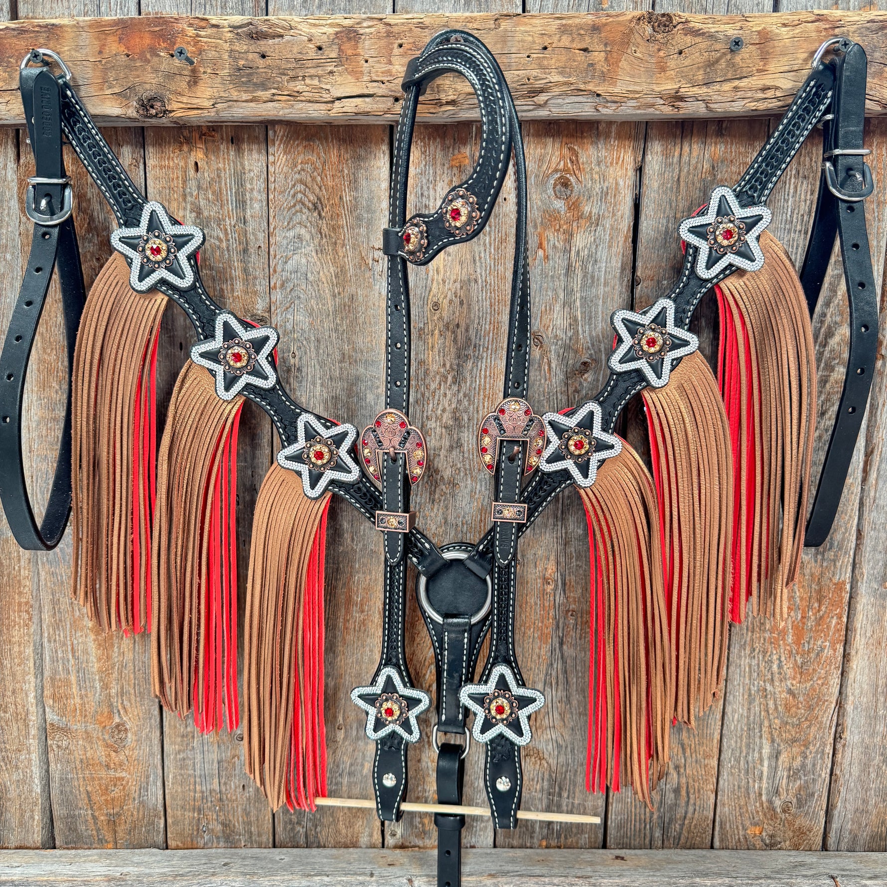 Black Basketweave Red and Copper One Ear Tack Set  #OEBC662