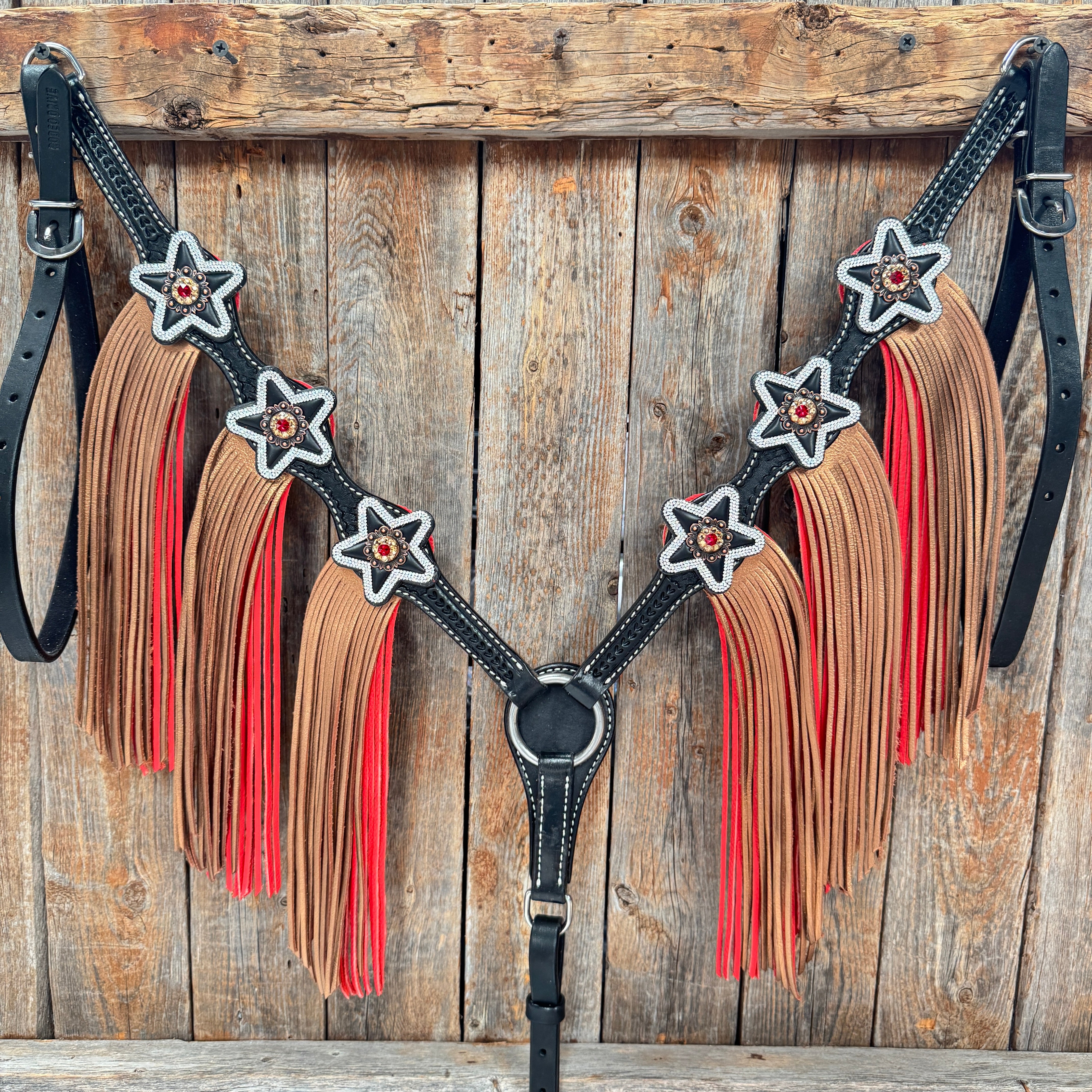 Black Basketweave Red and Copper One Ear Tack Set  #OEBC662