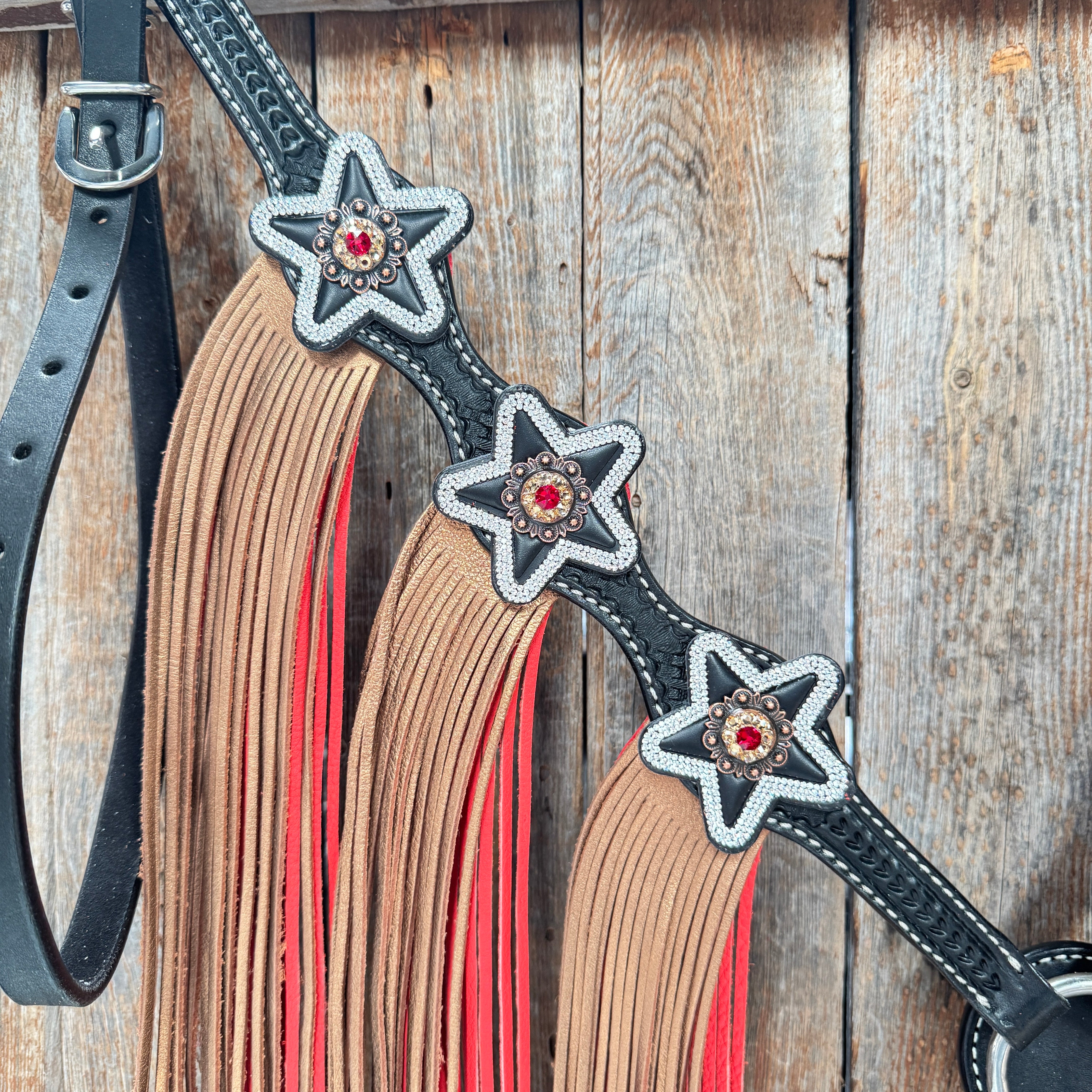 Black Basketweave Red and Copper One Ear Tack Set  #OEBC662