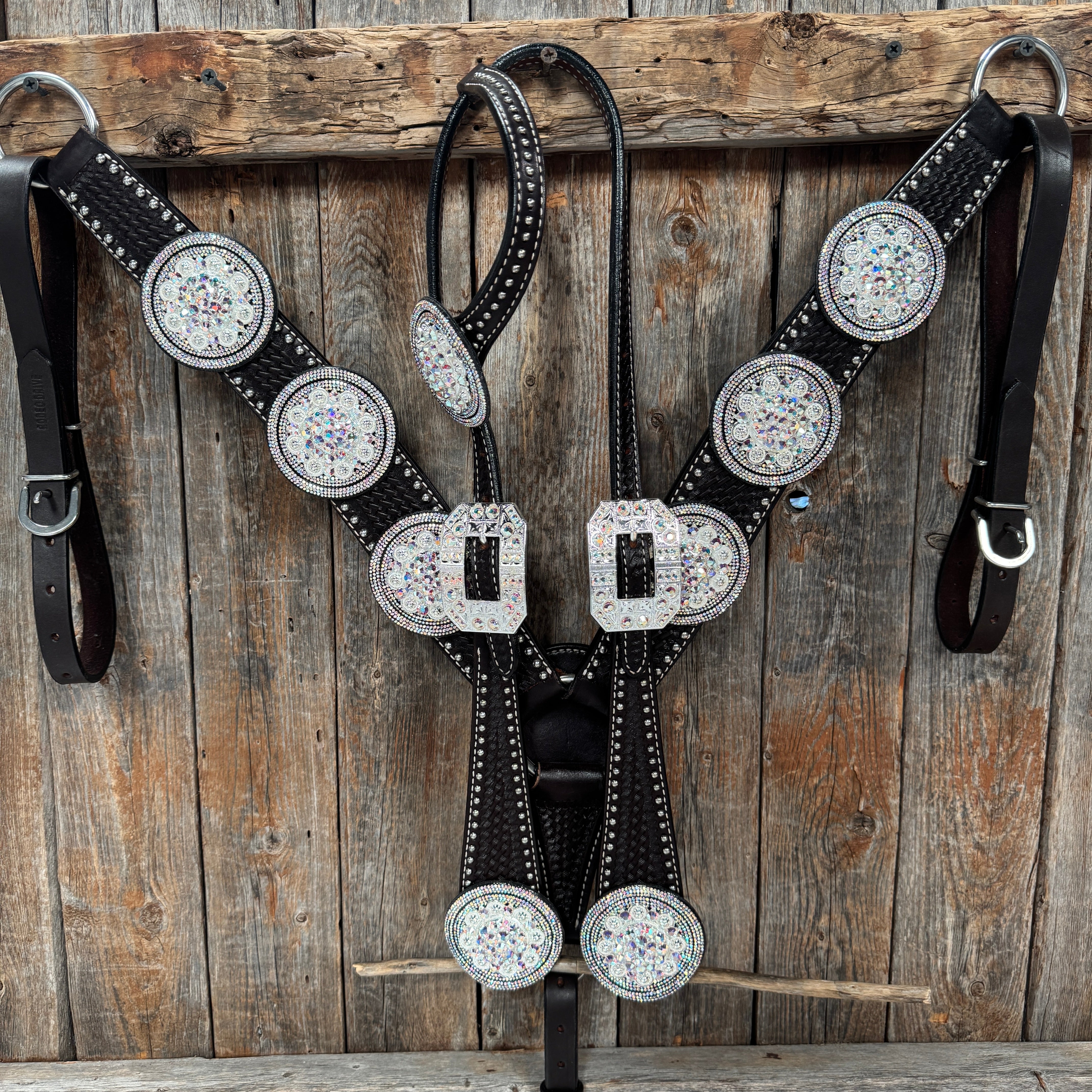 Dark Oil Silver Dot Rhinestone and AB One Ear Tack Set #OEBC663