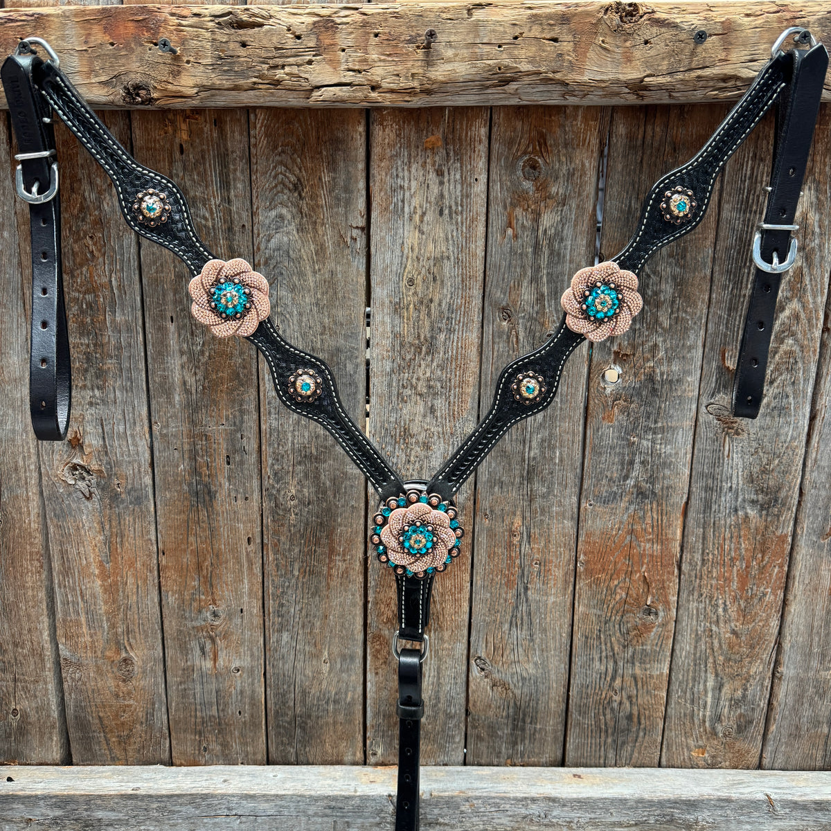 Black Basketweave Teal and Champagne One Ear Tack Set #OEBC532