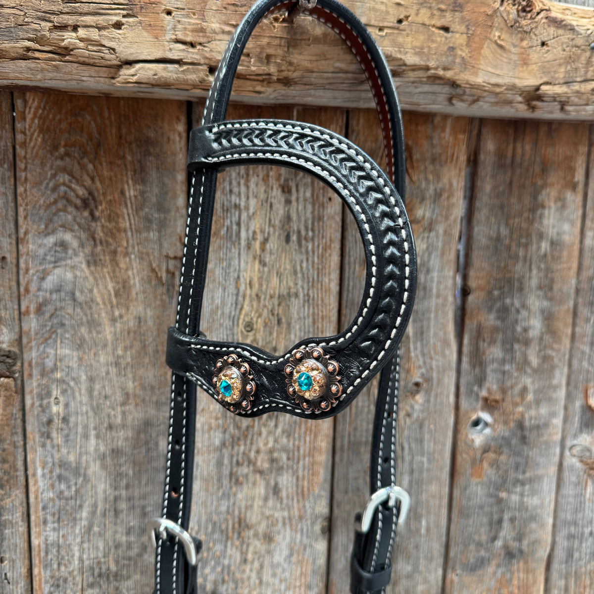 Black Basketweave Teal and Champagne One Ear Tack Set #OEBC532