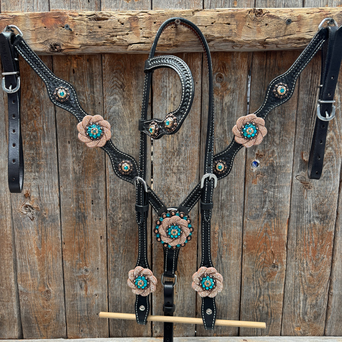 Black Basketweave Teal and Champagne One Ear Tack Set #OEBC532