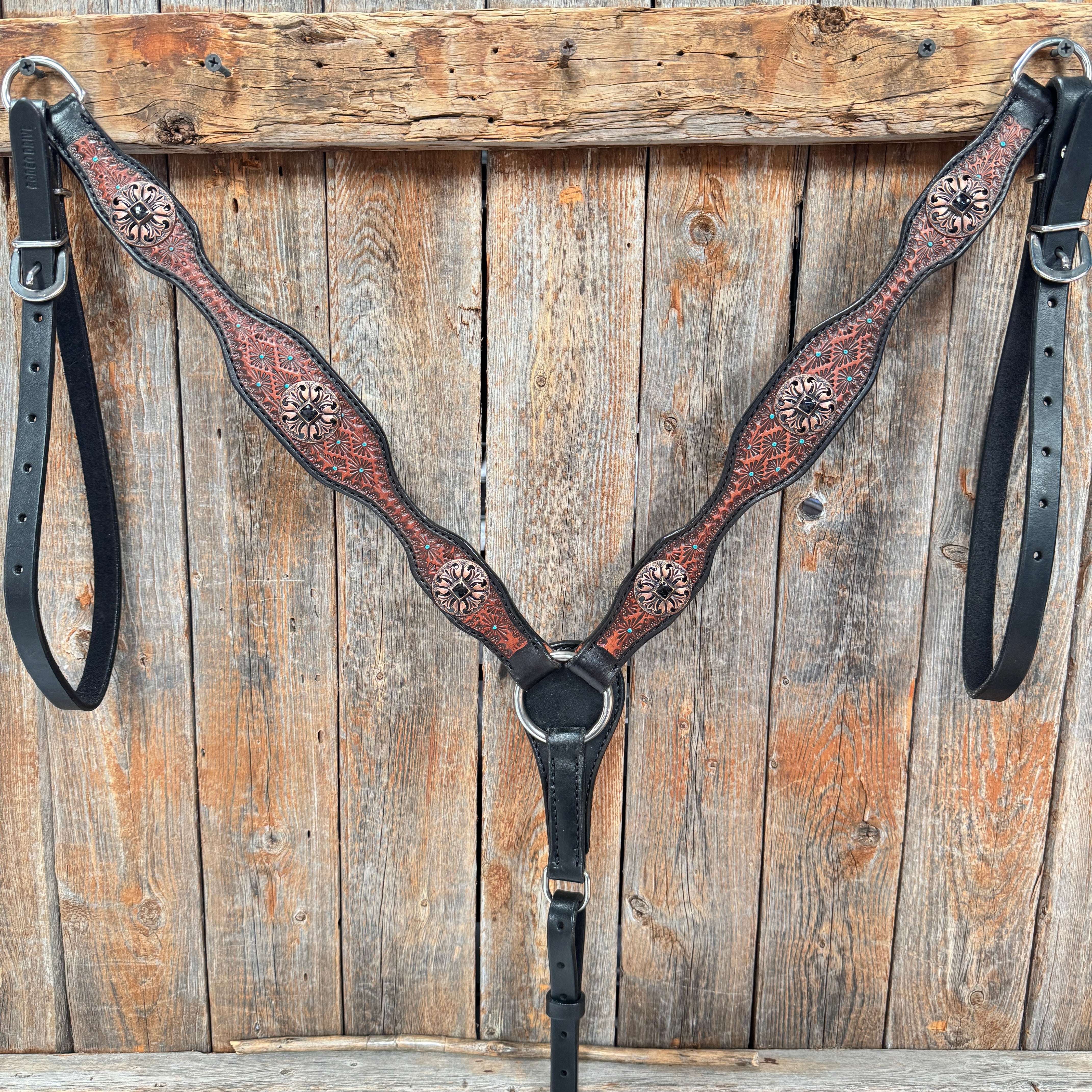 Teal Diamond and Black Fleur De Lis Browband / One Ear - Breastcollar Tack Set #BBBC658