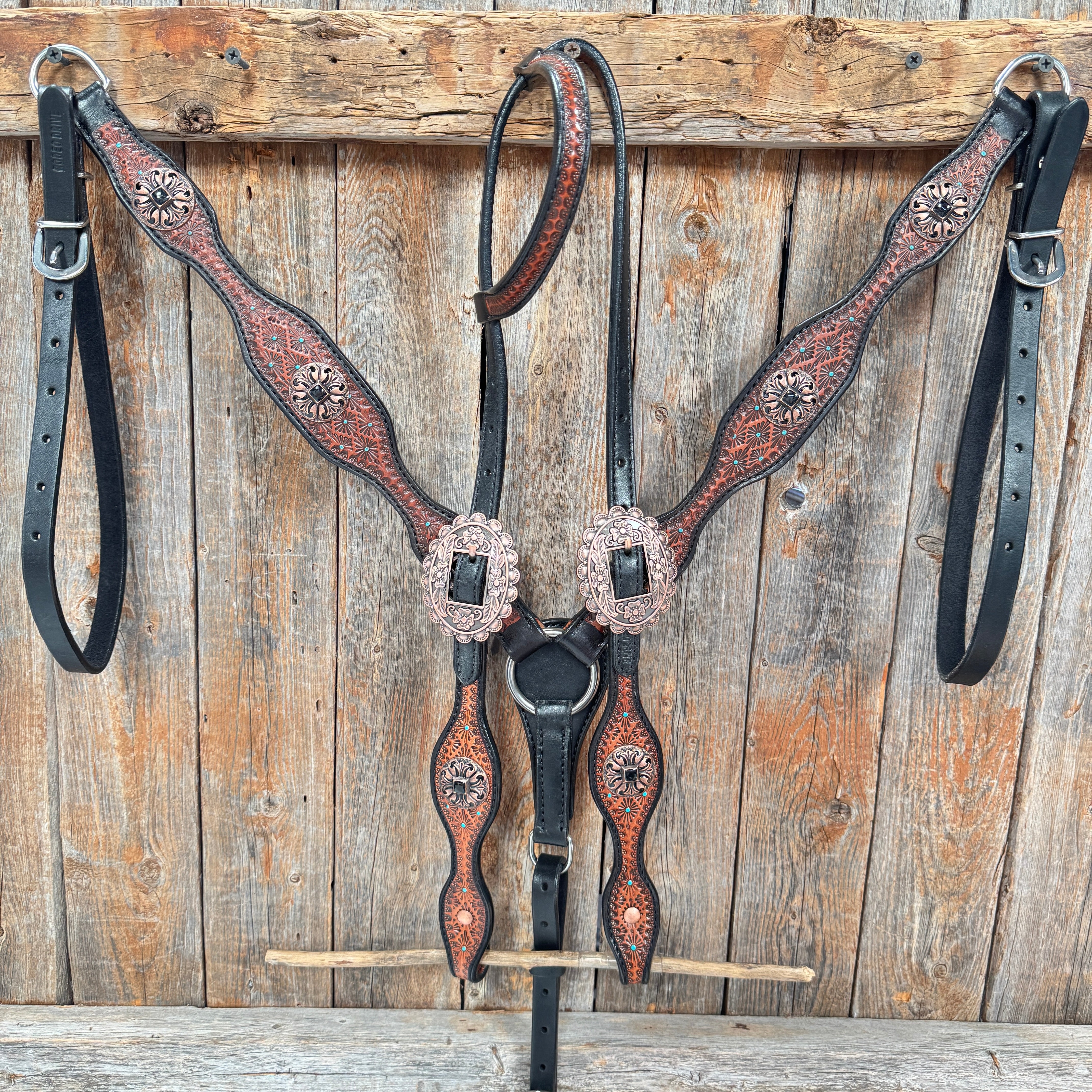 Teal Diamond and Black Fleur De Lis Browband / One Ear - Breastcollar Tack Set #BBBC658