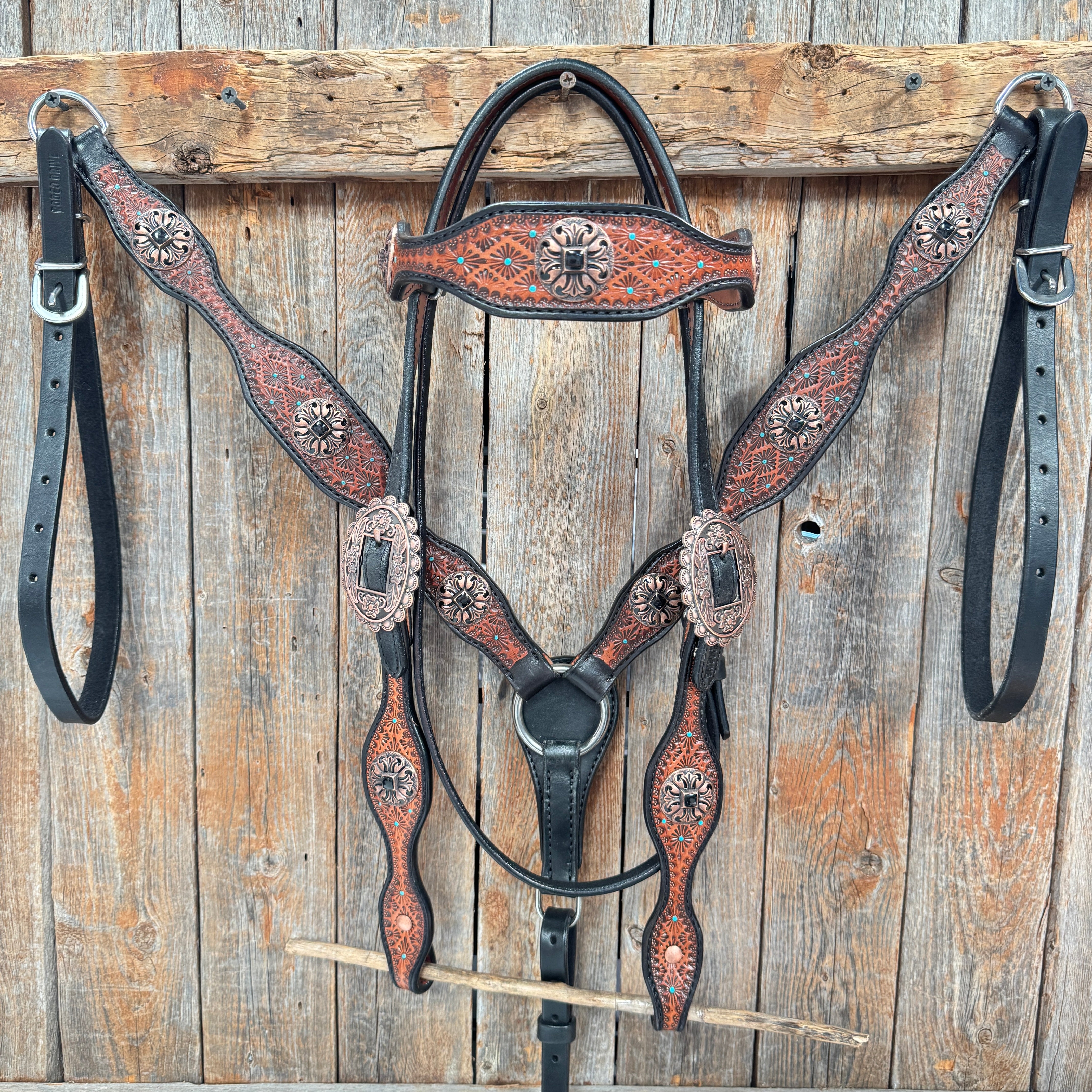 Teal Diamond and Black Fleur De Lis Browband / One Ear - Breastcollar Tack Set #BBBC658