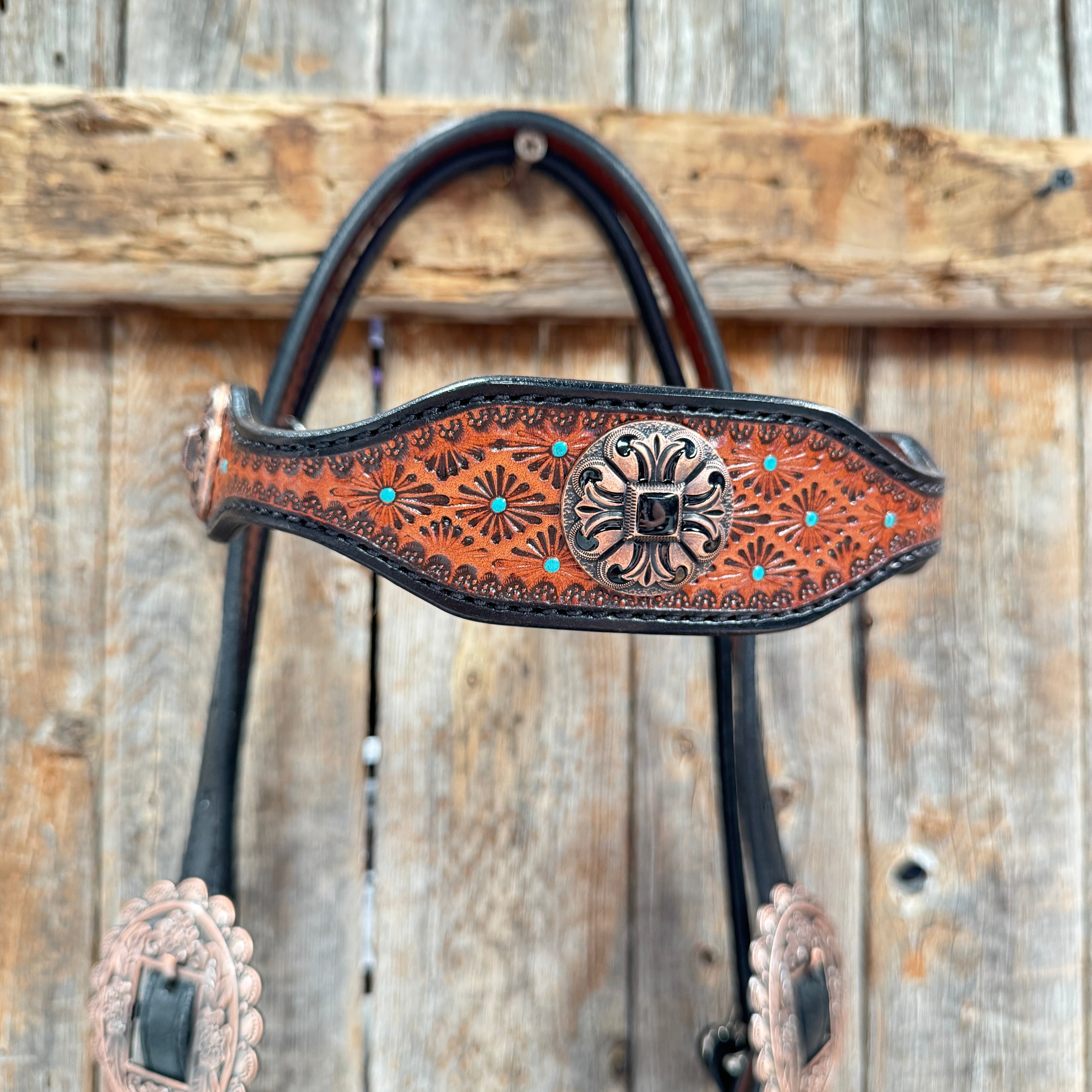 Teal Diamond and Black Fleur De Lis Browband / One Ear - Breastcollar Tack Set #BBBC658