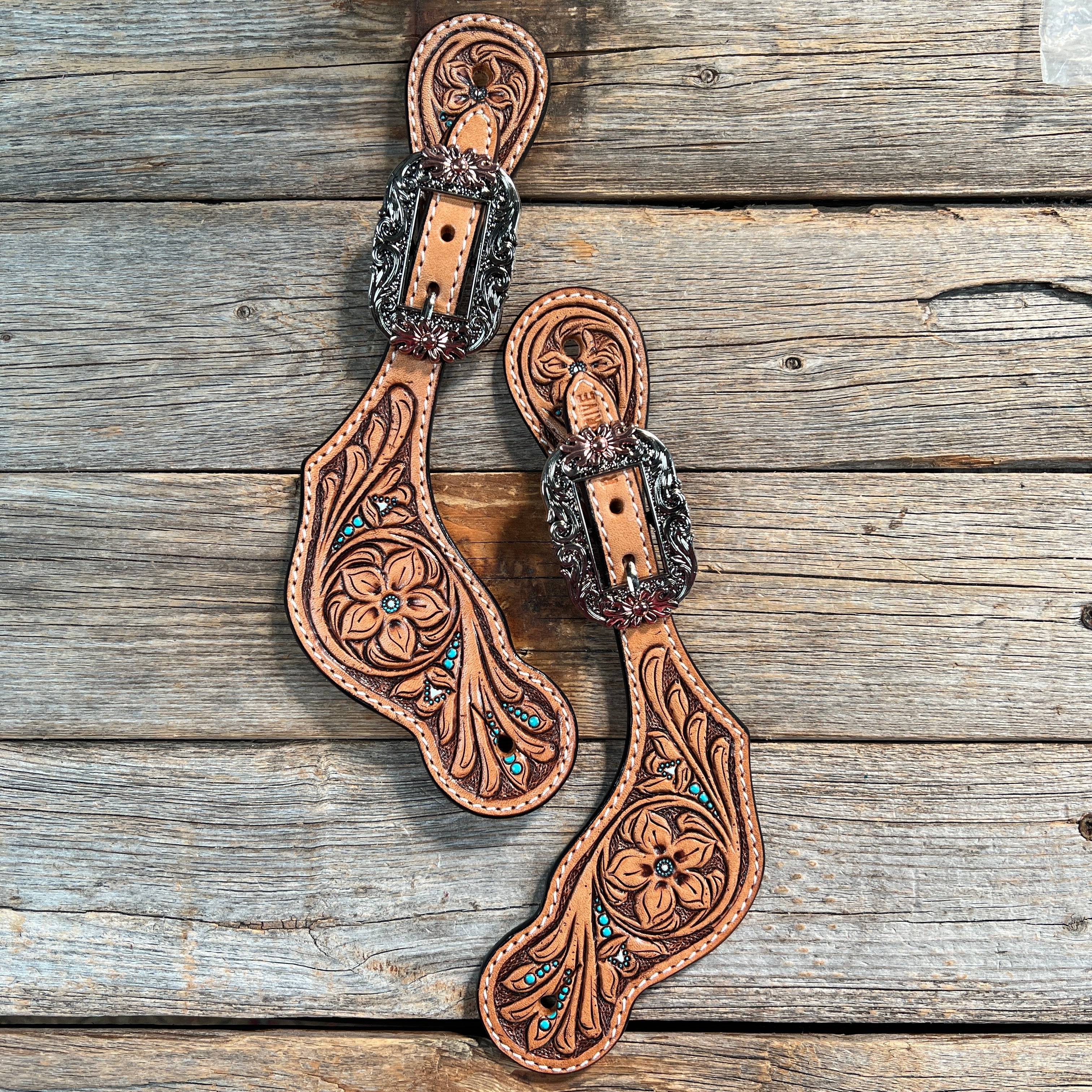 Floral Teal Dot Spur Straps - Copper Flower #SS106