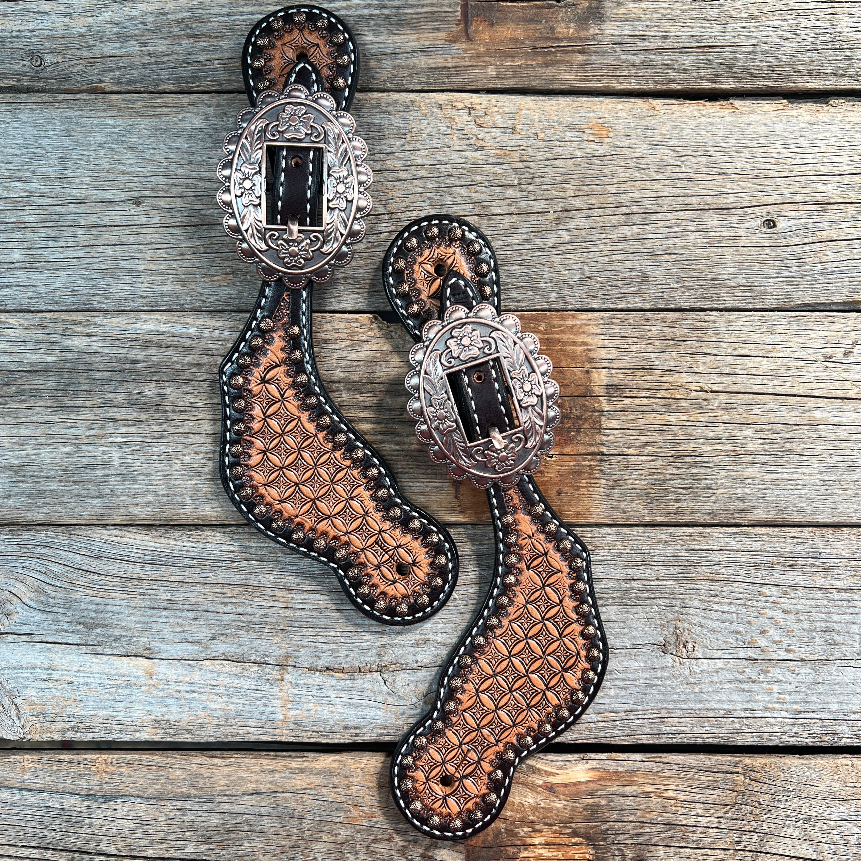 Copper Dot Honeycomb Floral Spur Straps - Copper Flower #SS122