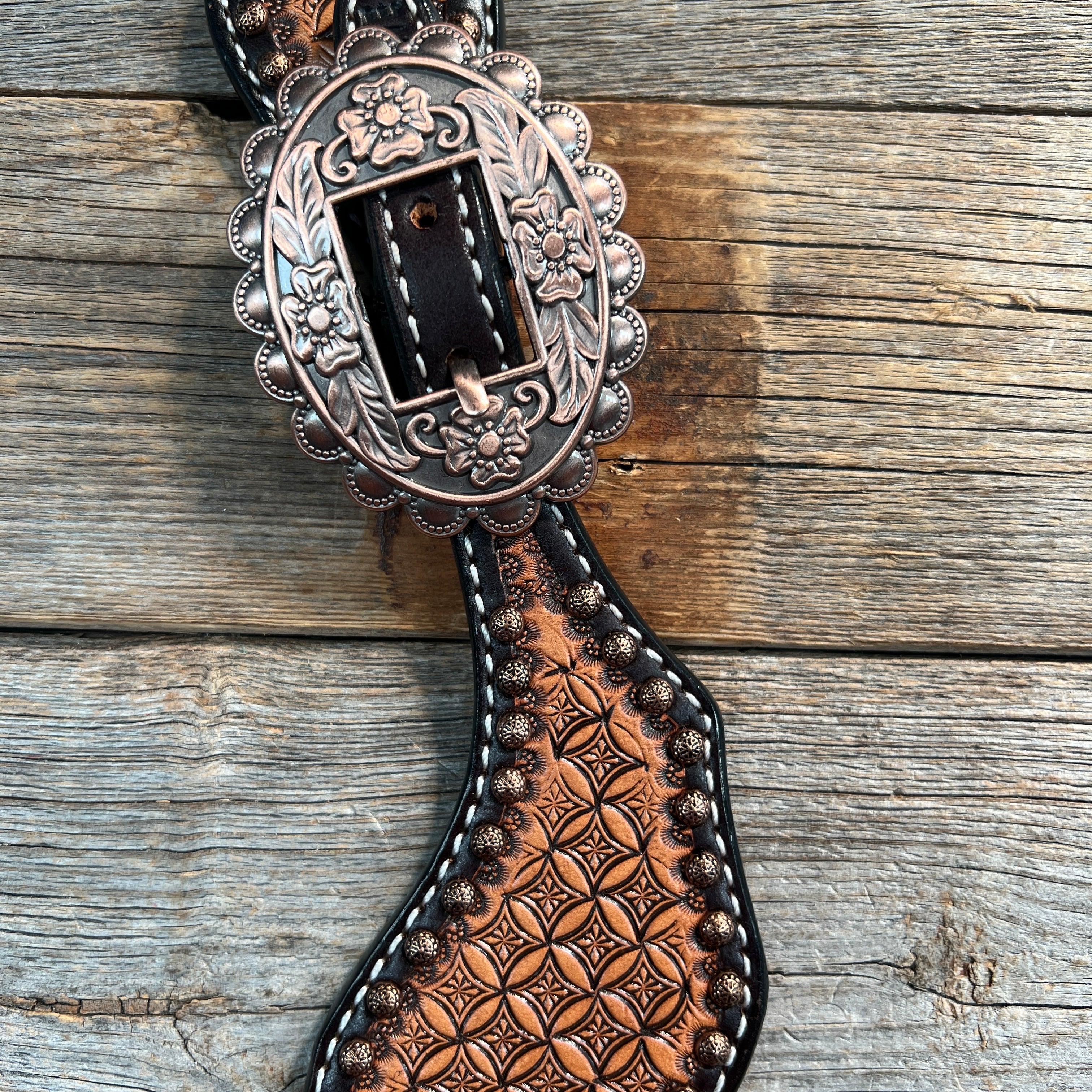 Copper Dot Honeycomb Floral Spur Straps - Copper Flower #SS122