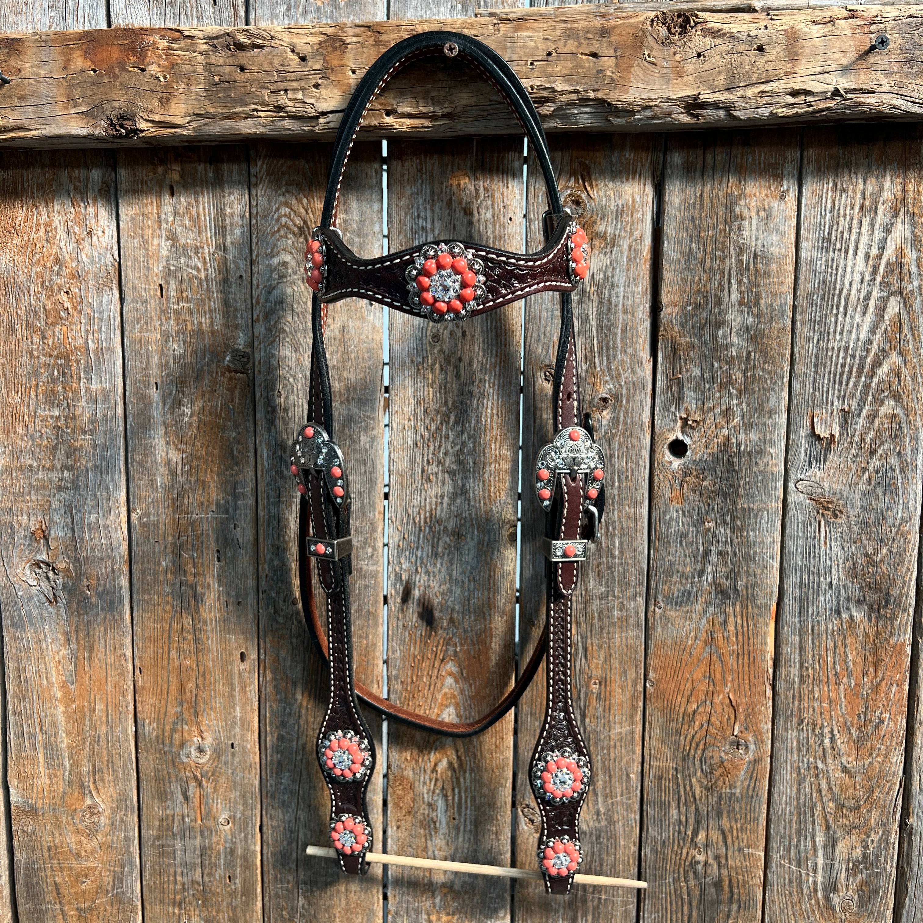 Dark Oil Basketweave Coral - Clear Browband/One Ear Tack Set  #BBBC606