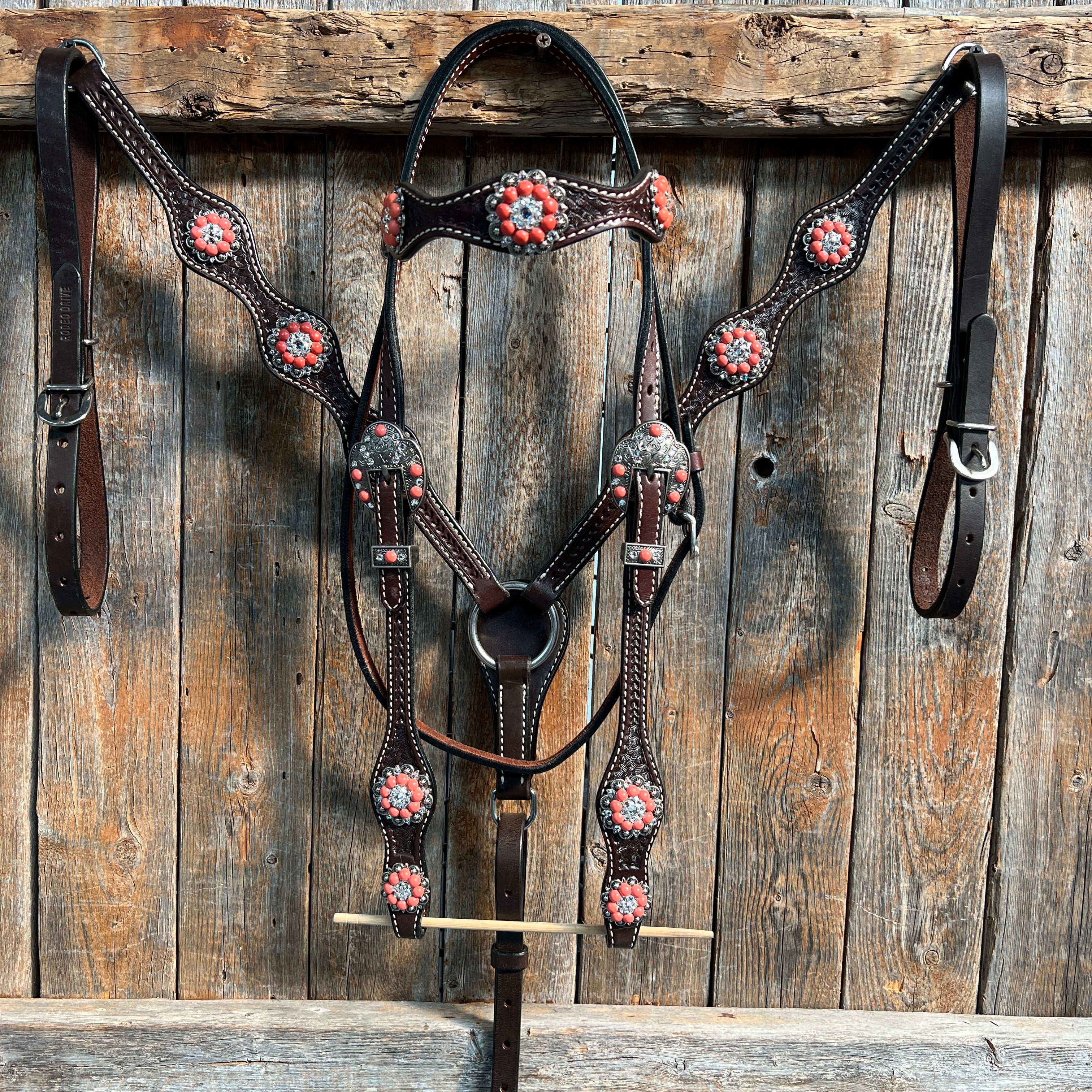 Dark Oil Basketweave Coral - Clear Browband/One Ear Tack Set  #BBBC606