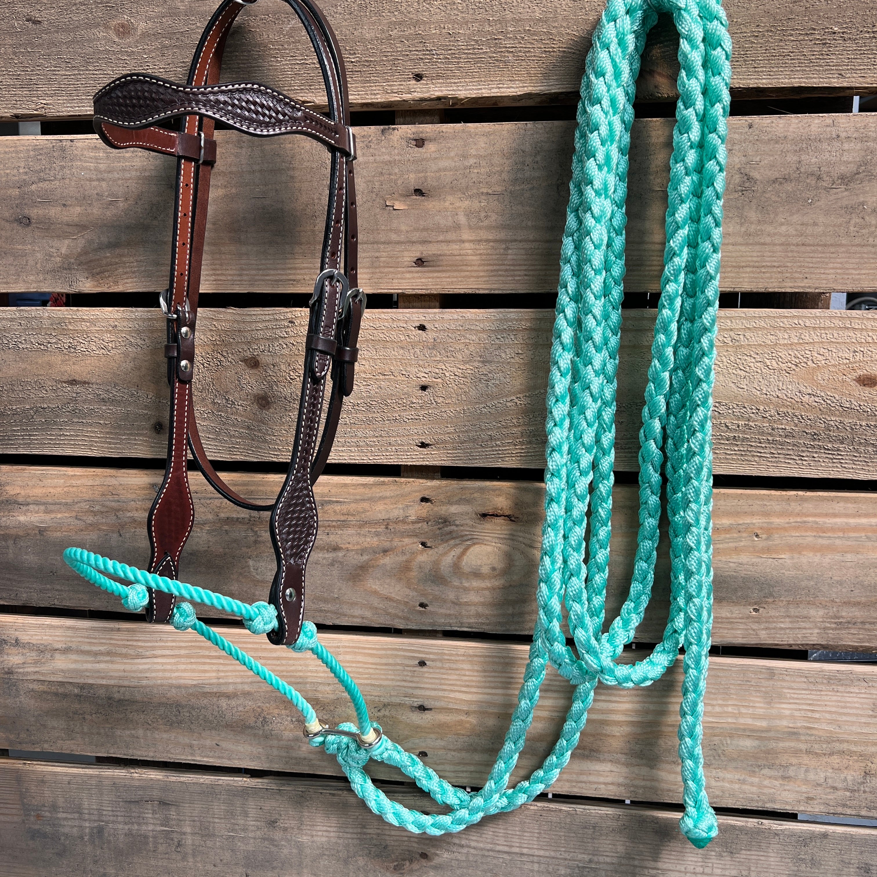 Dark Oil Basketweave Seafoam Loping Hackamore #LHK005