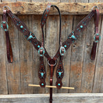 Hand Painted Steer Head and Turquoise One Ear and Breastcollar Tack Set