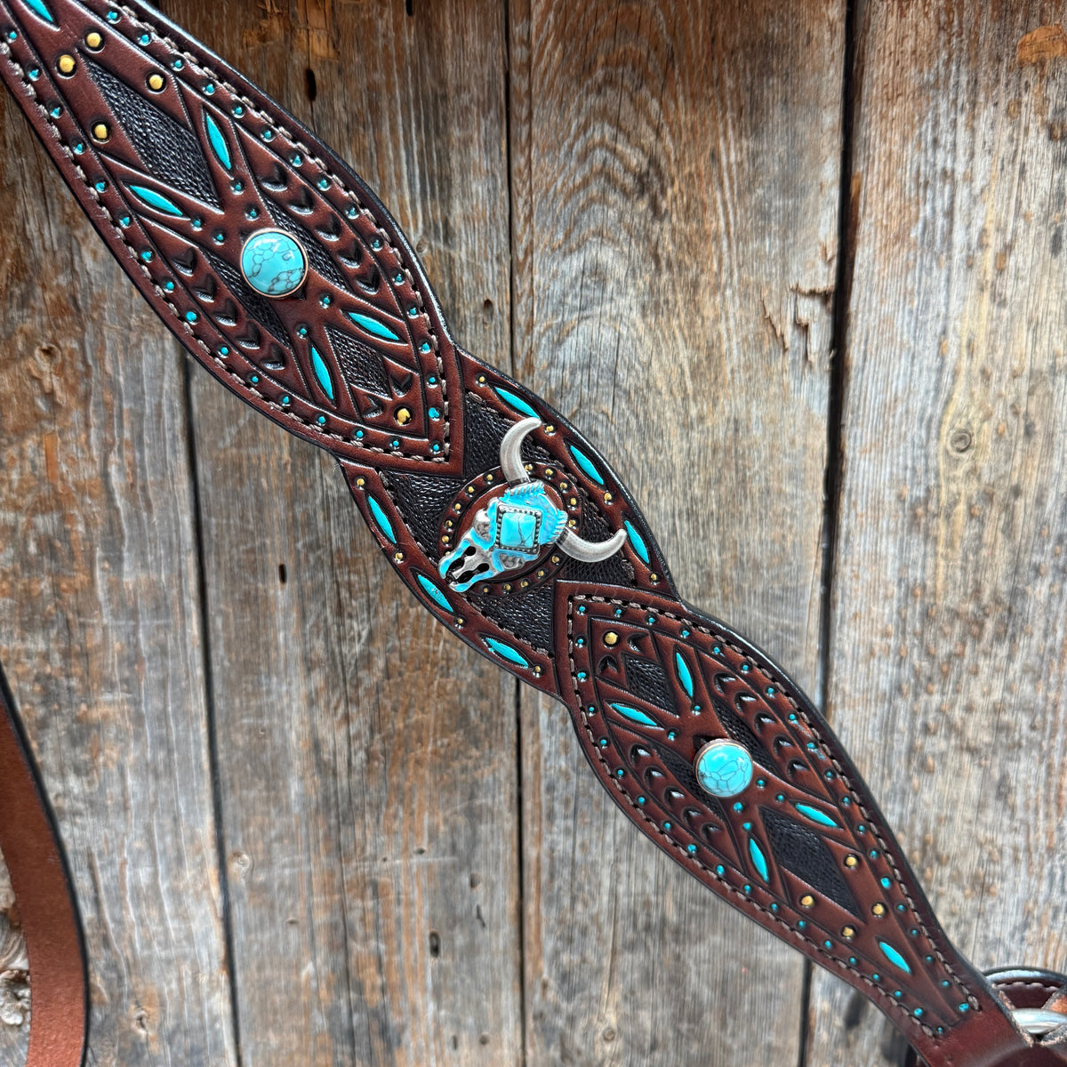 Hand Painted Steer Head and Turquoise One Ear and Breastcollar Tack Set
